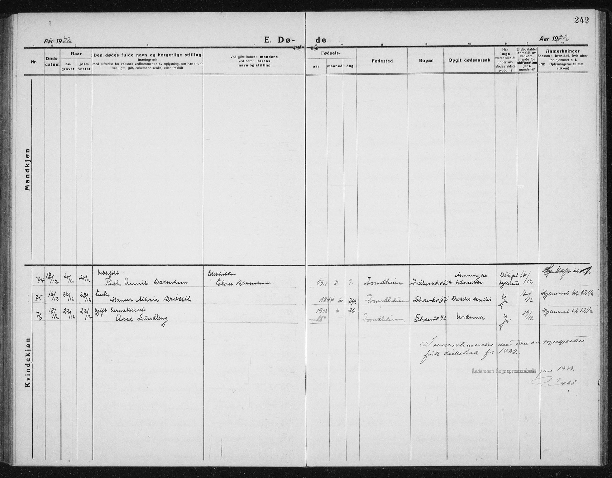 Ministerialprotokoller, klokkerbøker og fødselsregistre - Sør-Trøndelag, AV/SAT-A-1456/605/L0260: Parish register (copy) no. 605C07, 1922-1942, p. 242