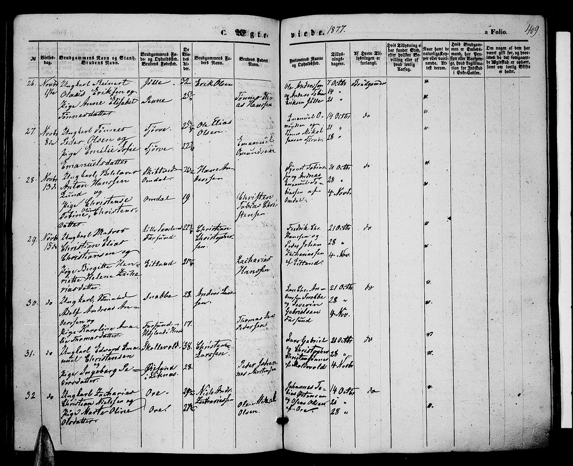 Lista sokneprestkontor, SAK/1111-0027/F/Fb/L0003: Parish register (copy) no. B 3, 1862-1877, p. 409
