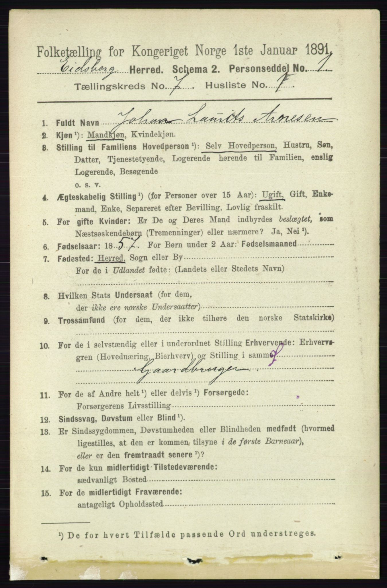 RA, 1891 census for 0125 Eidsberg, 1891, p. 4104