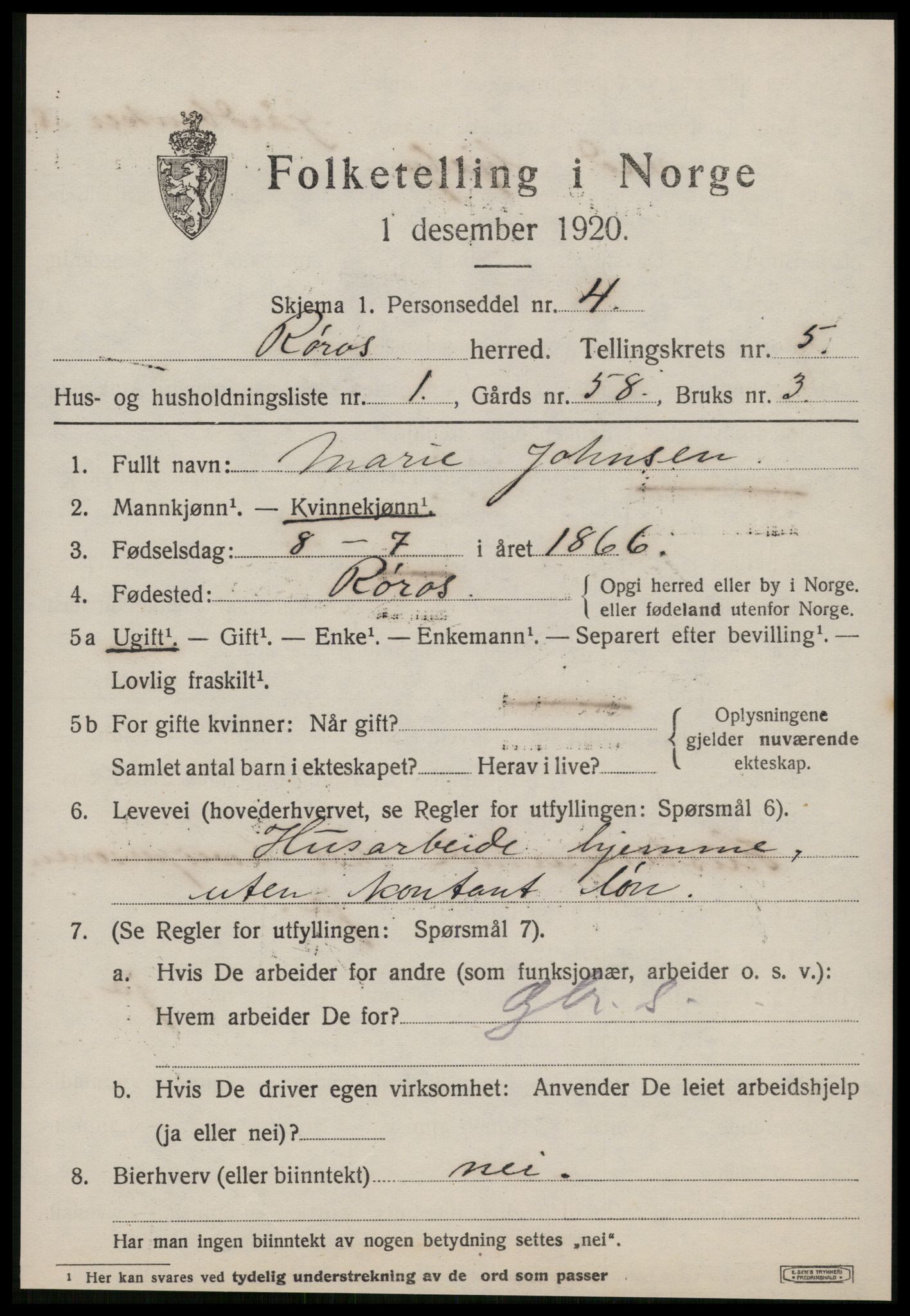 SAT, 1920 census for Røros, 1920, p. 5558