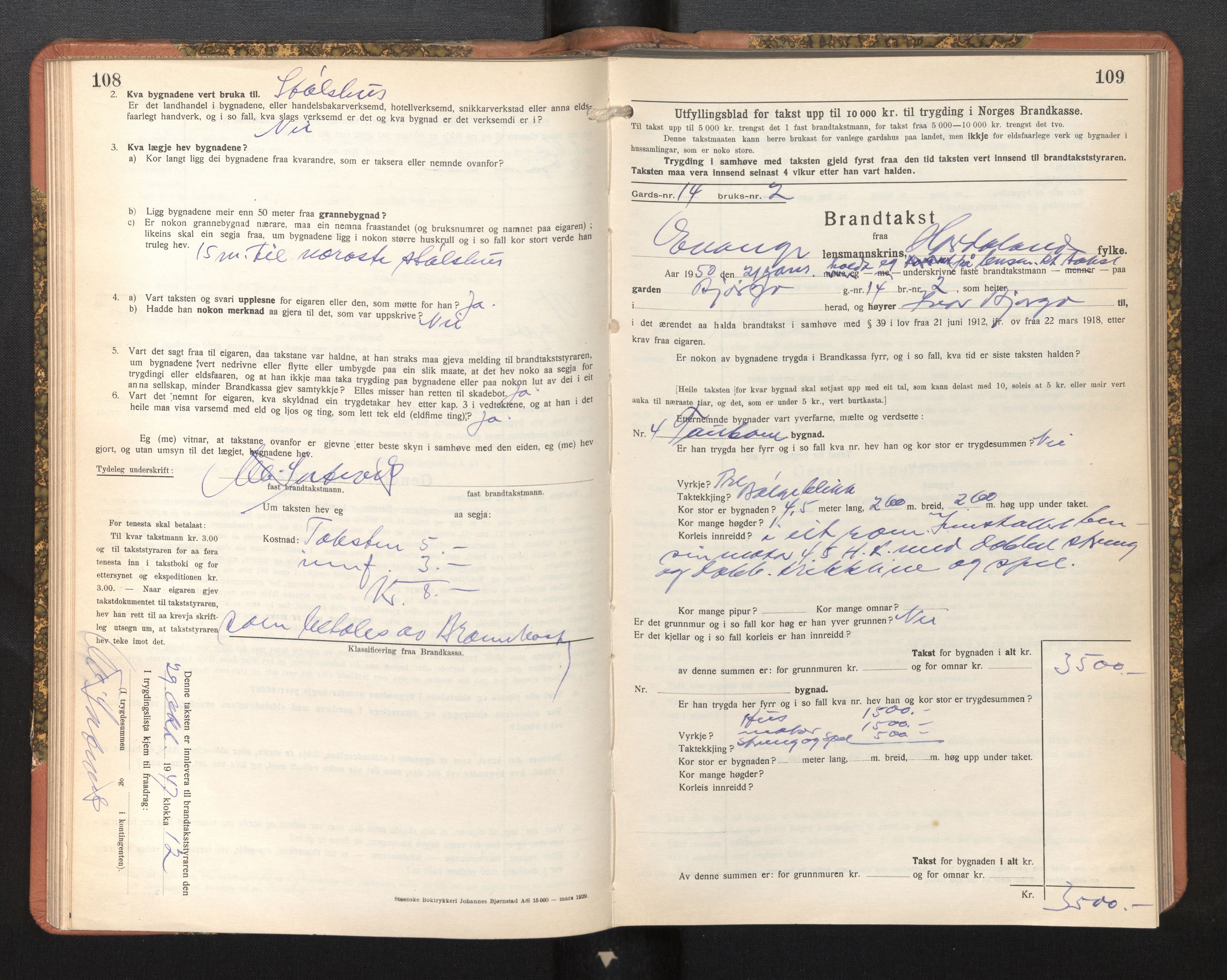Lensmannen i Evanger, SAB/A-31701/0012/L0006: Branntakstprotokoll, skjematakst, 1936-1955, p. 108-109