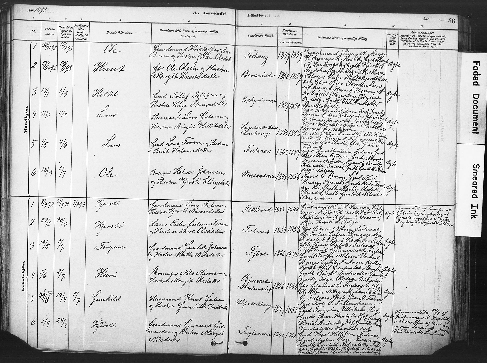 Rollag kirkebøker, SAKO/A-240/F/Fa/L0011: Parish register (official) no. I 11, 1878-1902, p. 46