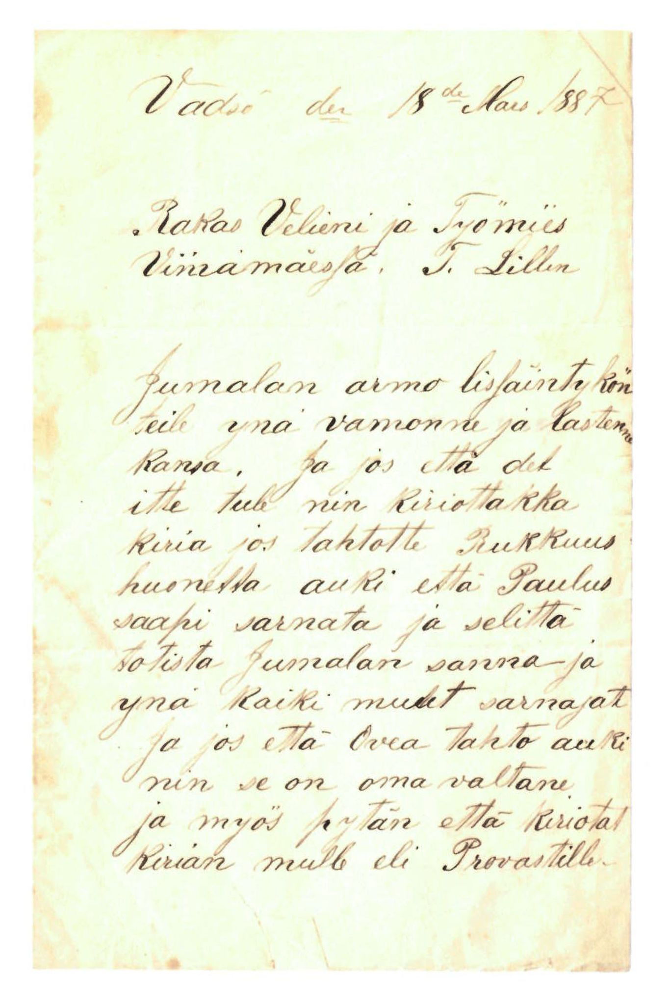 Elise Balos brevsamling, FMFB/A-1082/F/Fa/L0006: Brev fra P. Palovara til Th. Lilleng, 1887