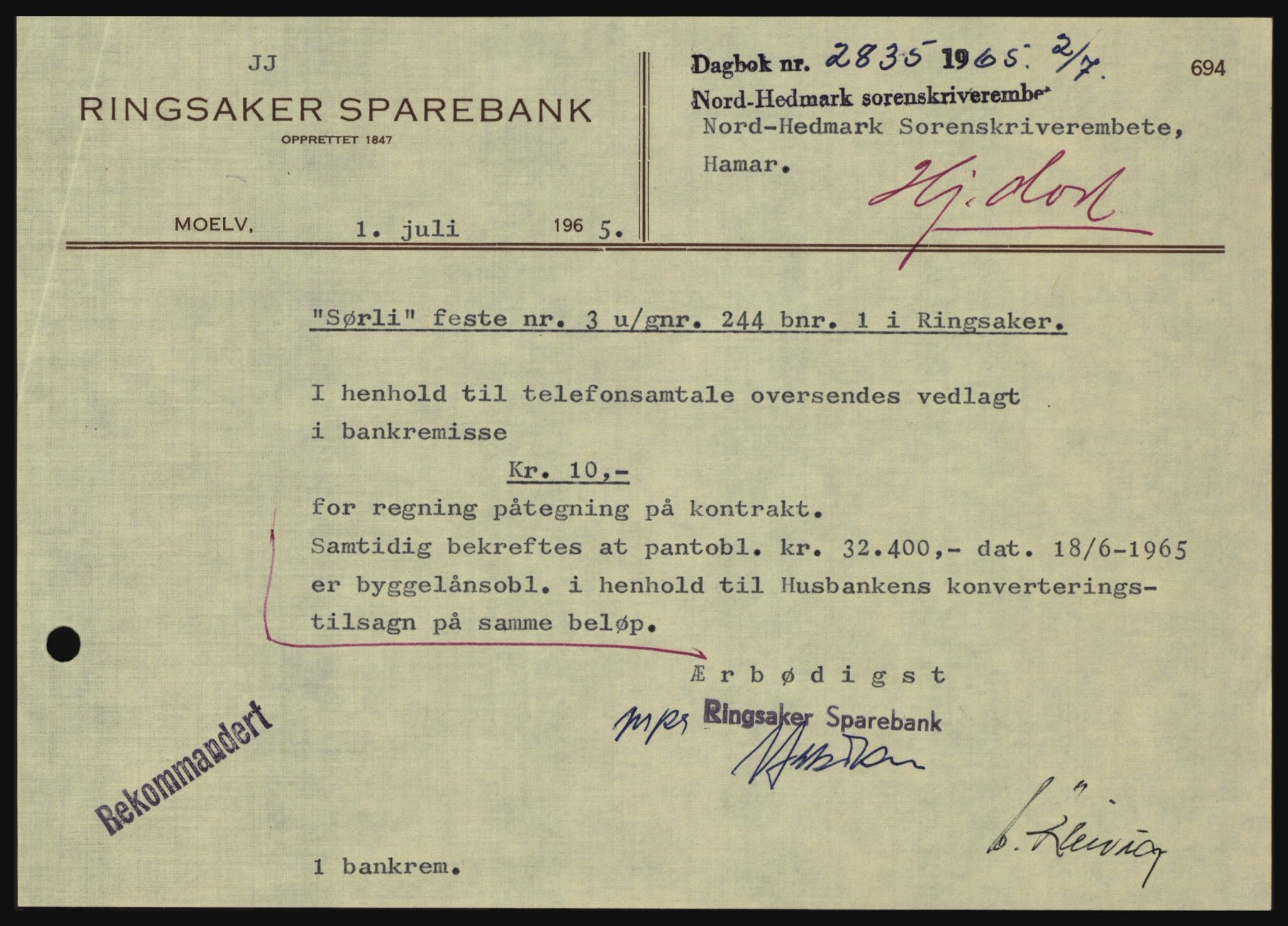 Nord-Hedmark sorenskriveri, SAH/TING-012/H/Hc/L0022: Mortgage book no. 22, 1965-1965, Diary no: : 2835/1965