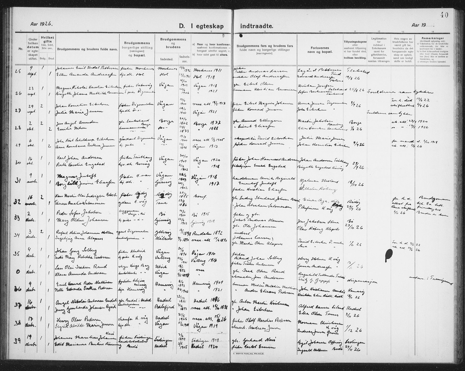 Ministerialprotokoller, klokkerbøker og fødselsregistre - Nordland, AV/SAT-A-1459/874/L1082: Parish register (copy) no. 874C11, 1920-1939, p. 40