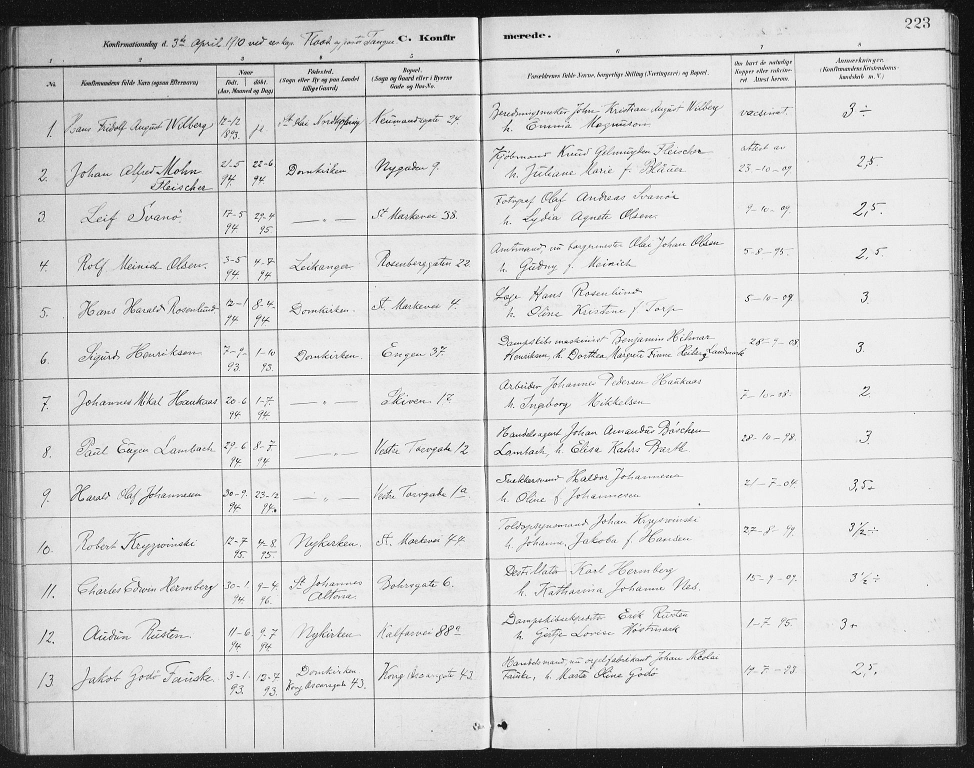 Domkirken sokneprestembete, SAB/A-74801/H/Haa/L0066: Curate's parish register no. A 4, 1880-1912, p. 223