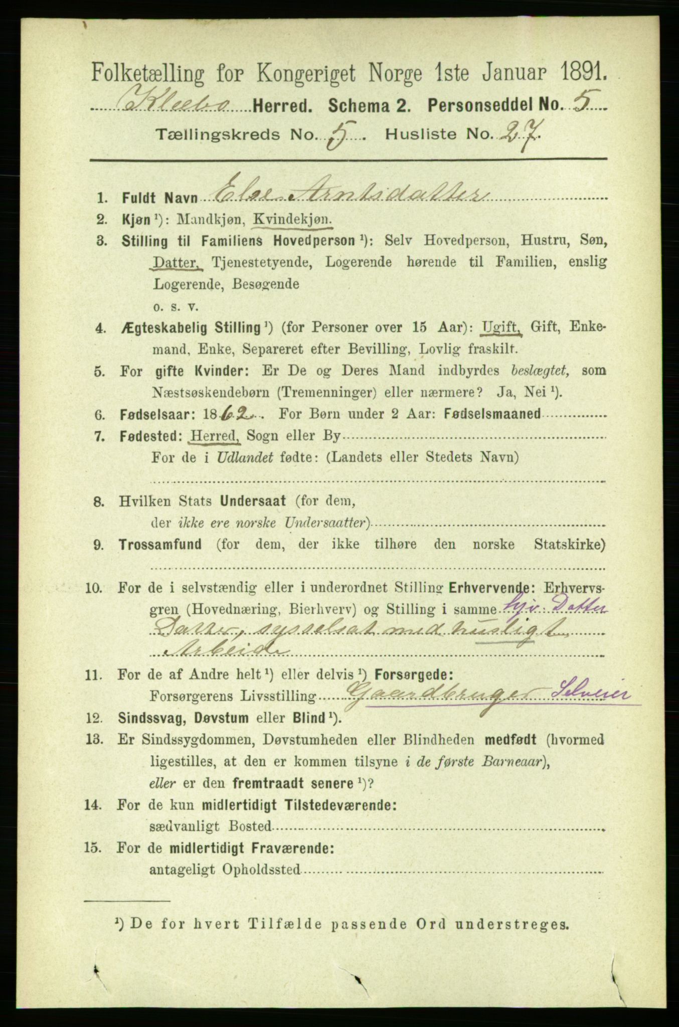 RA, 1891 census for 1662 Klæbu, 1891, p. 1195