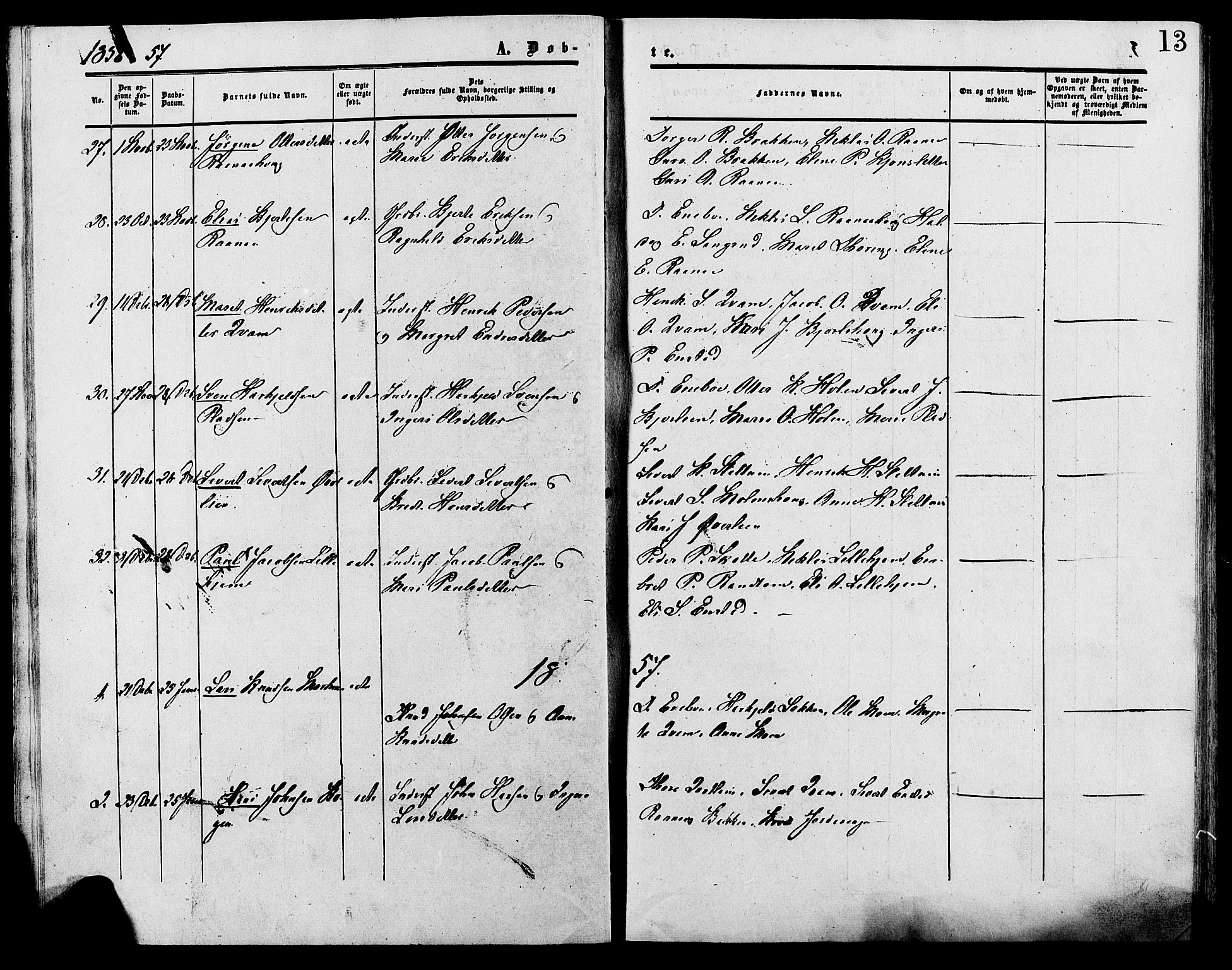 Lesja prestekontor, SAH/PREST-068/H/Ha/Haa/L0009: Parish register (official) no. 9, 1854-1889, p. 13