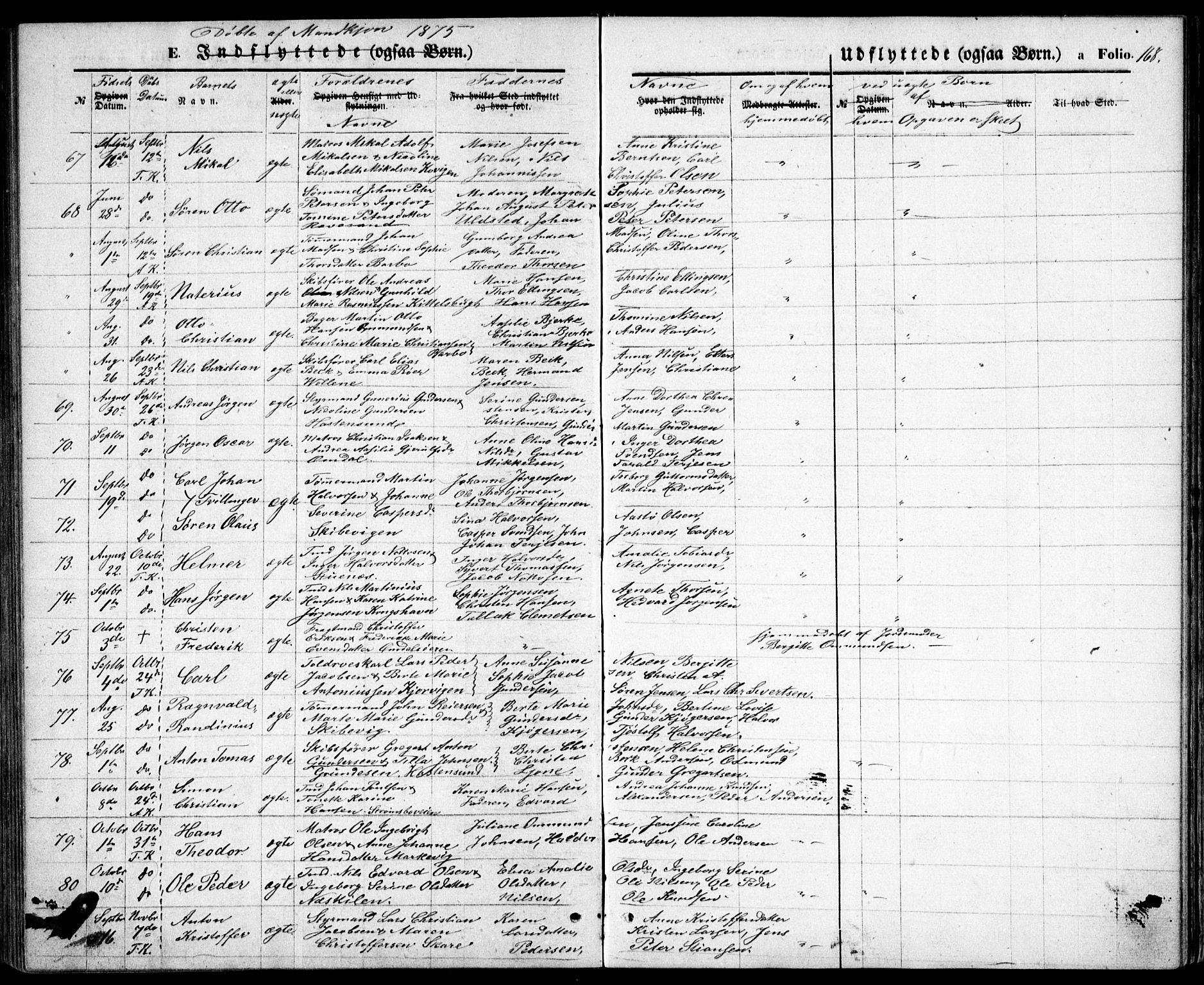 Tromøy sokneprestkontor, AV/SAK-1111-0041/F/Fb/L0004: Parish register (copy) no. B 4, 1869-1877, p. 168