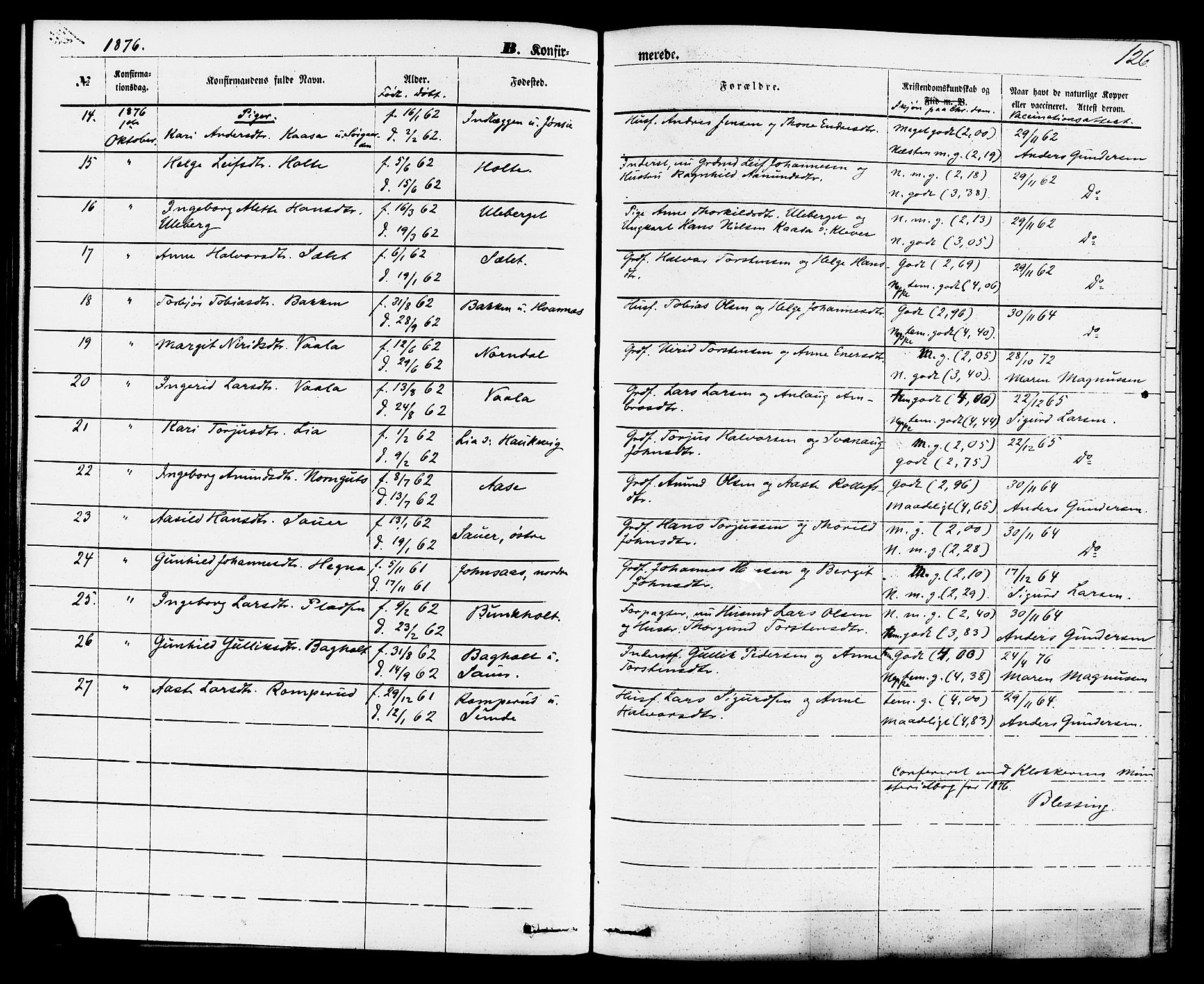 Sauherad kirkebøker, SAKO/A-298/F/Fa/L0008: Parish register (official) no. I 8, 1873-1886, p. 126