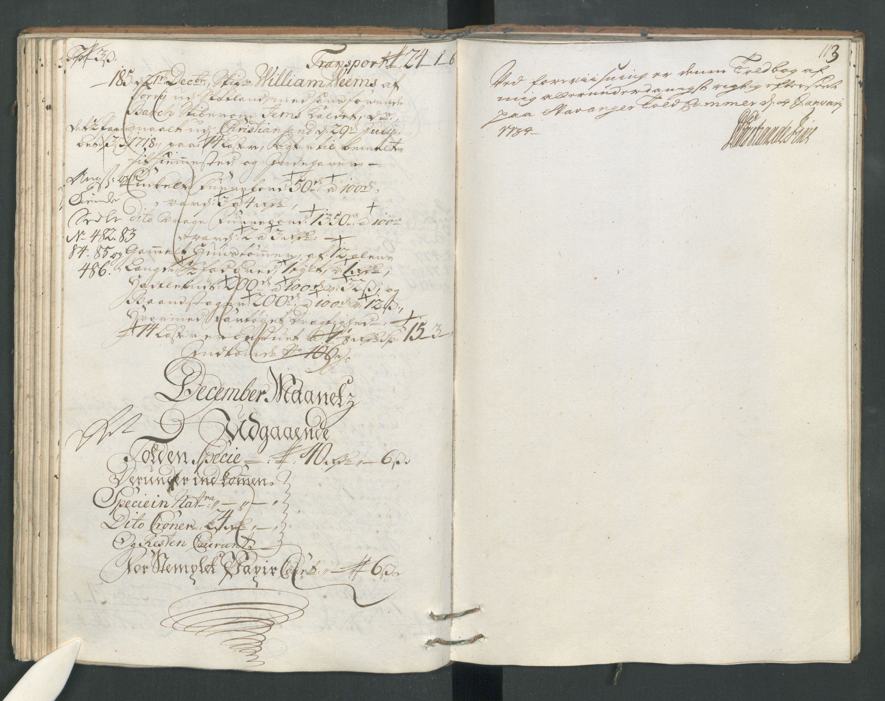 Generaltollkammeret, tollregnskaper, AV/RA-EA-5490/R22/L0012/0001: Tollregnskaper Stavanger / Hovedtollbok, 1733, p. 112b-113a