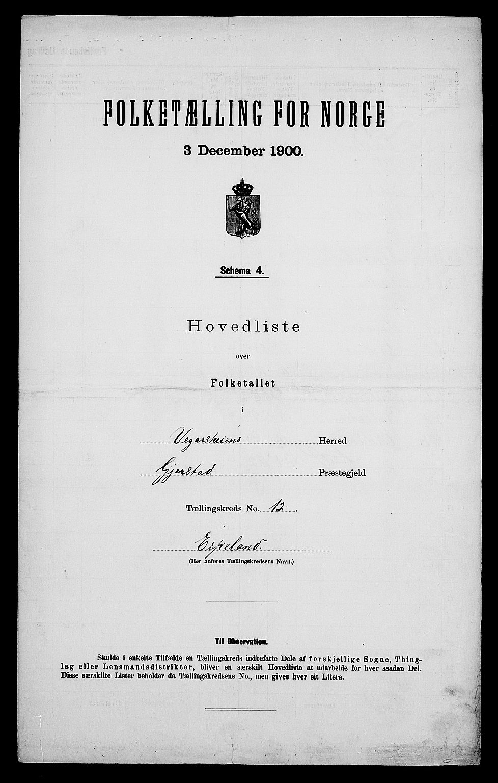 SAK, 1900 census for Vegårshei, 1900, p. 46