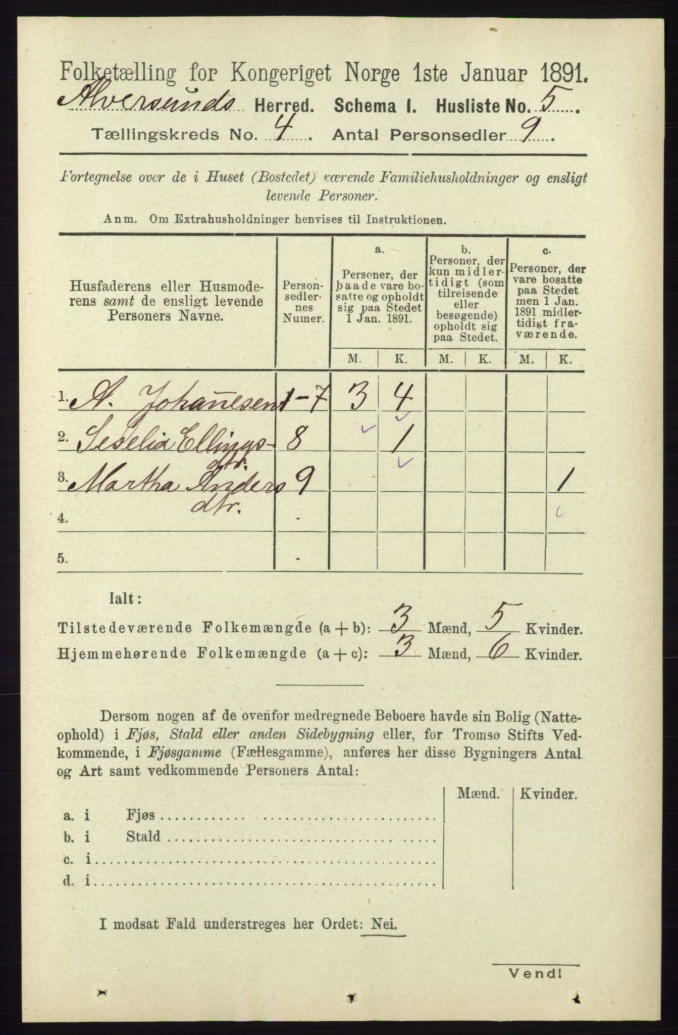 RA, 1891 census for 1257 Alversund, 1891, p. 1615