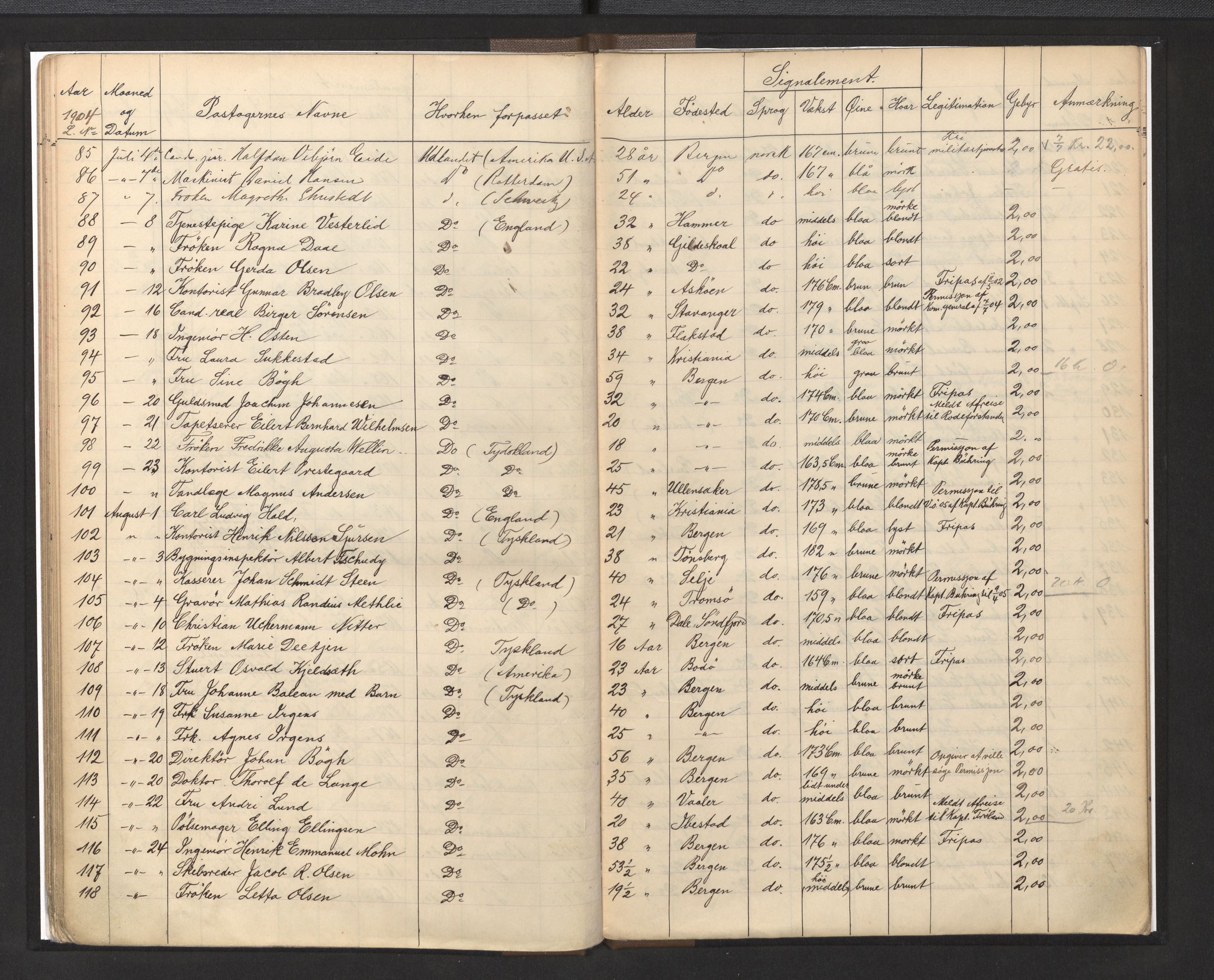 Bergen politikammer / politidistrikt, AV/SAB-A-60401/L/La/Lab/L0009: Passprotokoll, 1901-1907