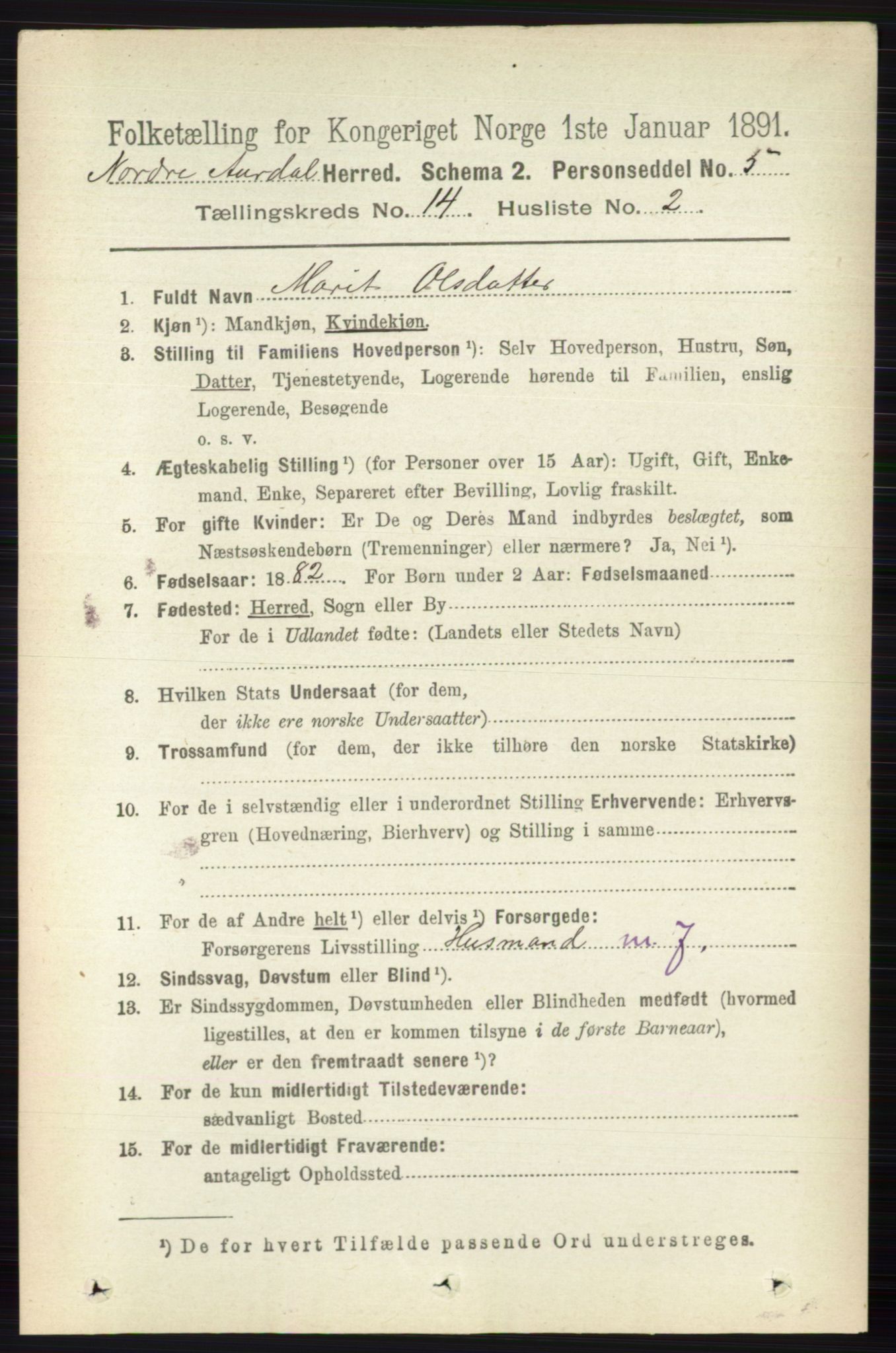 RA, 1891 census for 0542 Nord-Aurdal, 1891, p. 5220