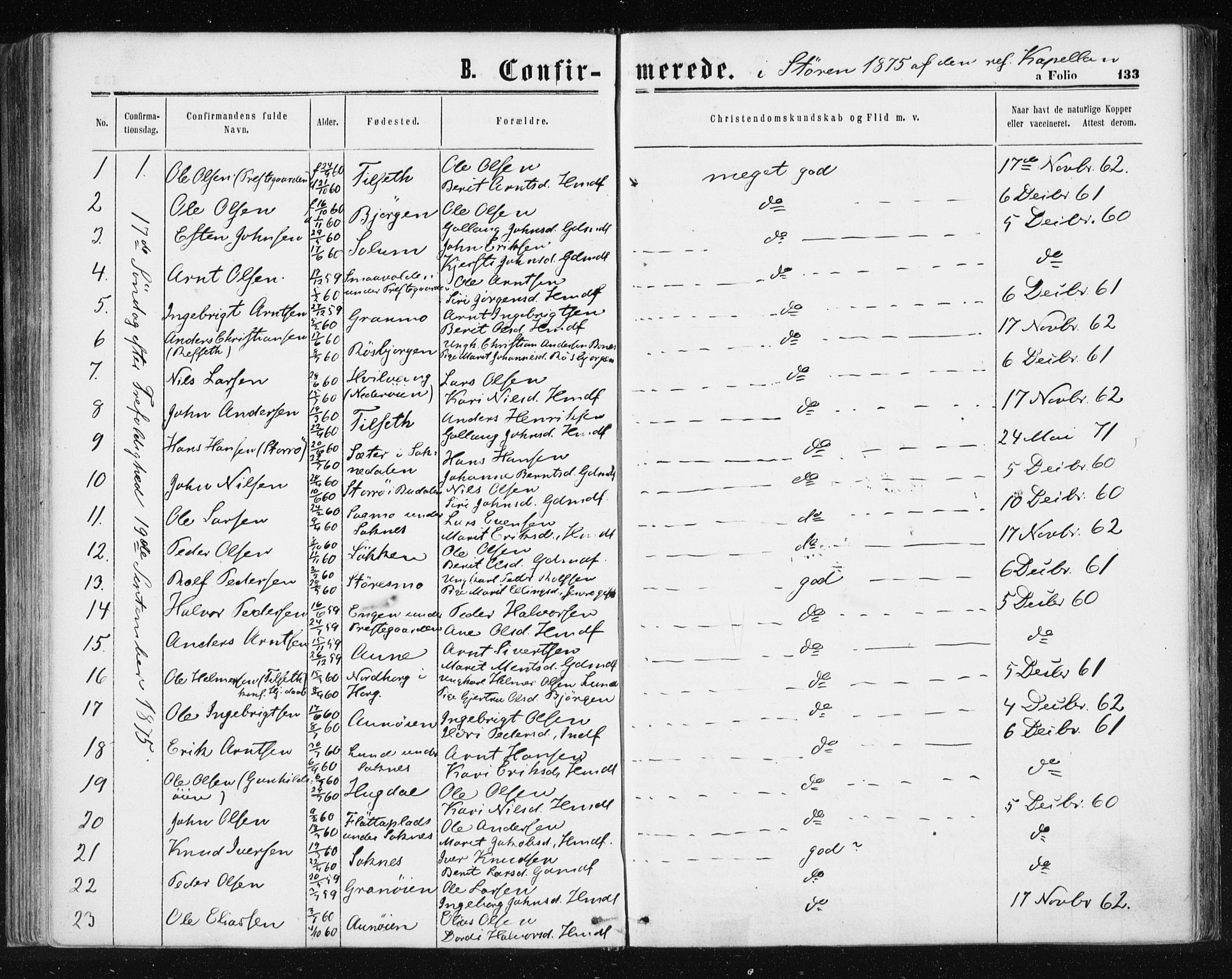 Ministerialprotokoller, klokkerbøker og fødselsregistre - Sør-Trøndelag, SAT/A-1456/687/L1001: Parish register (official) no. 687A07, 1863-1878, p. 133