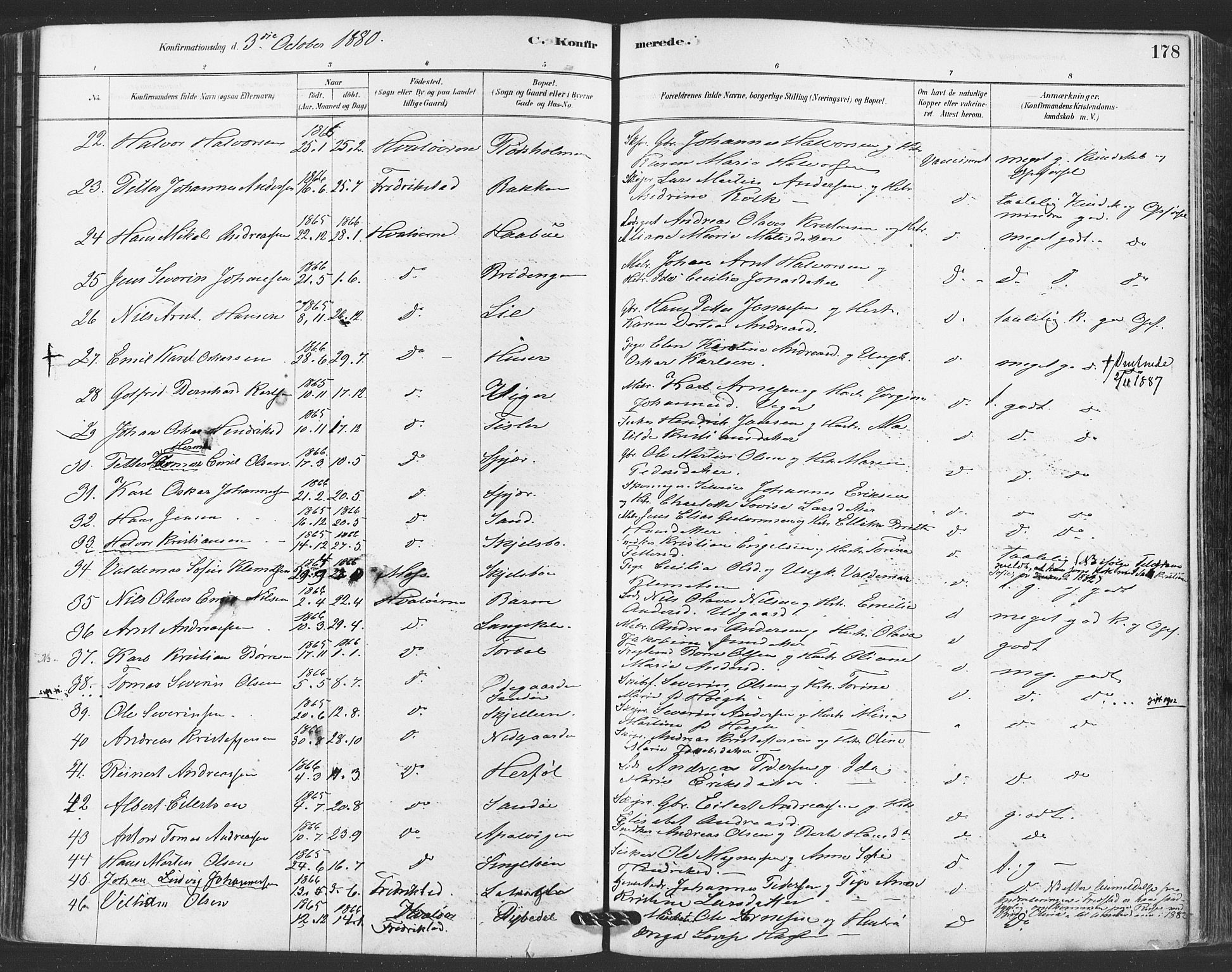 Hvaler prestekontor Kirkebøker, AV/SAO-A-2001/F/Fa/L0008: Parish register (official) no. I 8, 1878-1895, p. 178