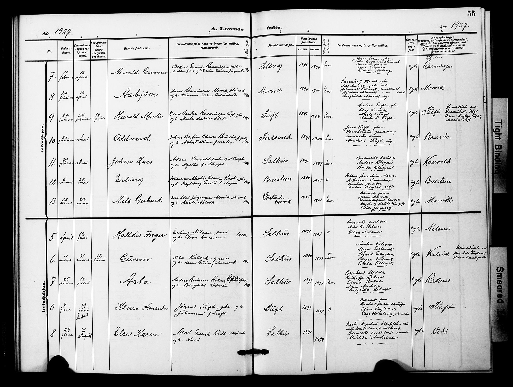 Åsane sokneprestembete, SAB/A-79401/H/Hab: Parish register (copy) no. A 4, 1915-1927, p. 55