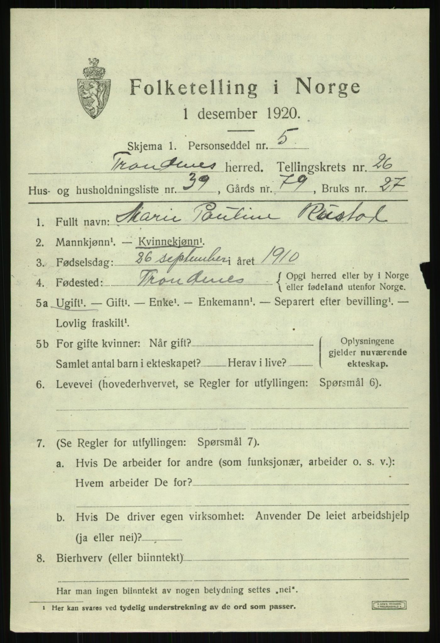 SATØ, 1920 census for Trondenes, 1920, p. 19290