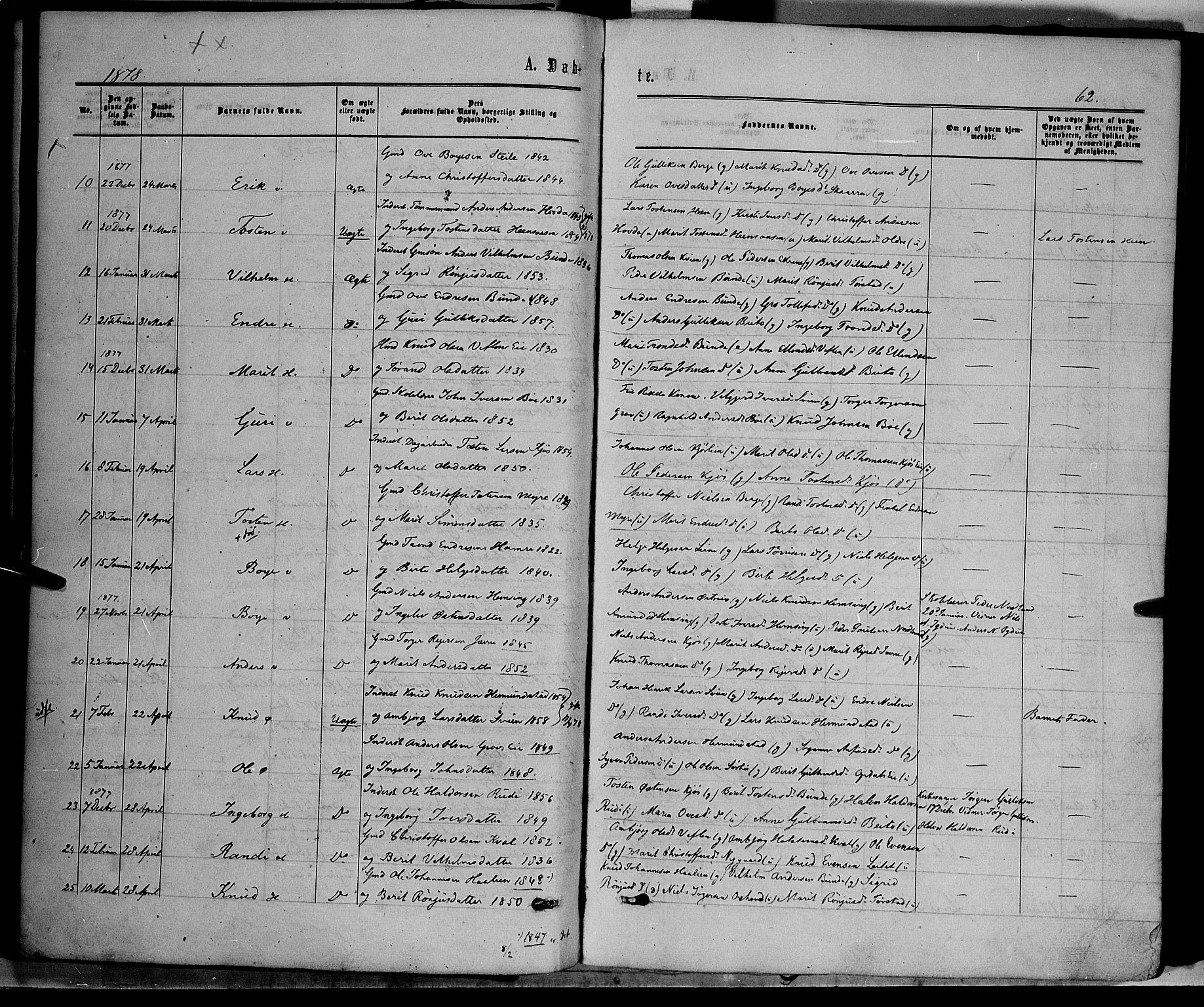 Vang prestekontor, Valdres, SAH/PREST-140/H/Ha/L0007: Parish register (official) no. 7, 1865-1881, p. 62