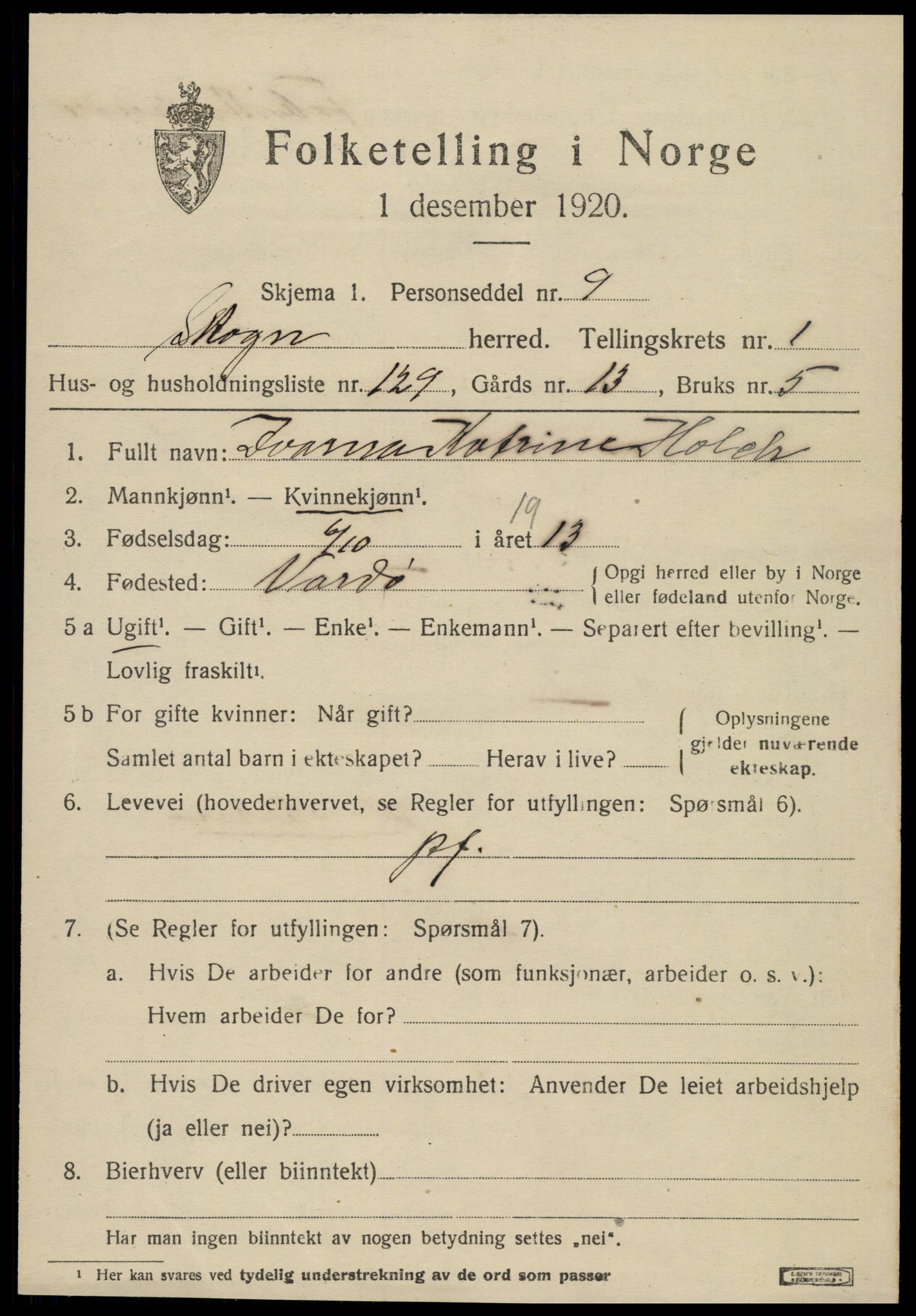 SAT, 1920 census for Skogn, 1920, p. 3025