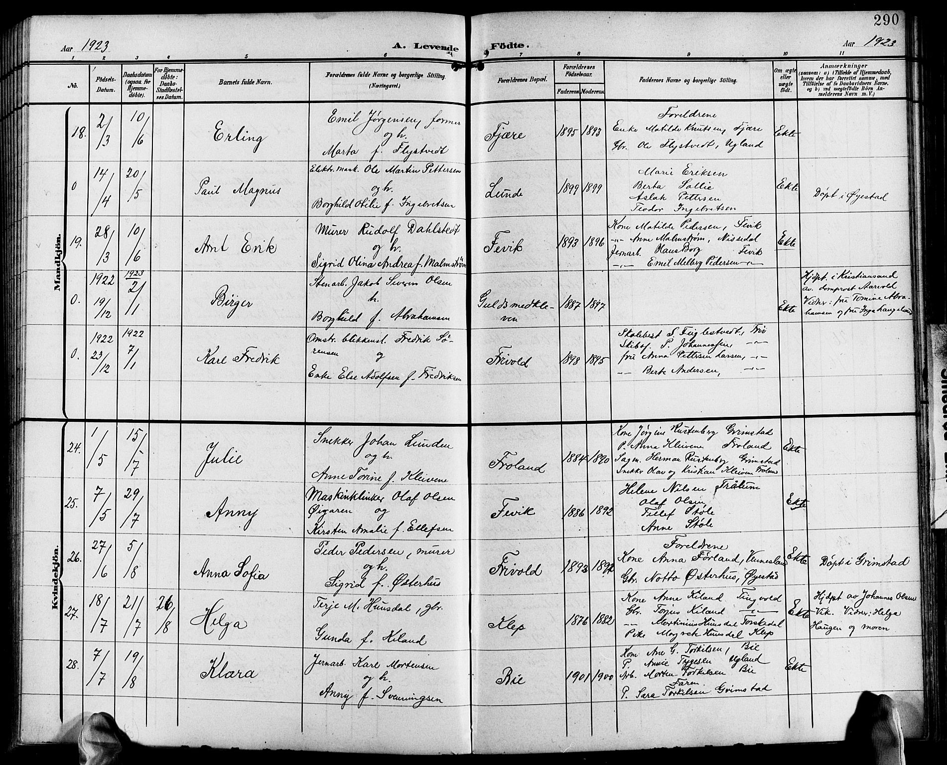 Fjære sokneprestkontor, AV/SAK-1111-0011/F/Fb/L0012: Parish register (copy) no. B 12, 1902-1925, p. 290