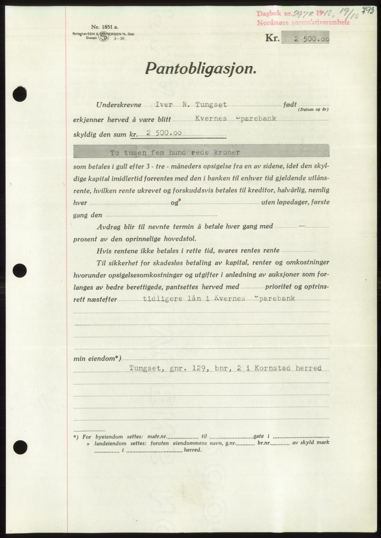 Nordmøre sorenskriveri, AV/SAT-A-4132/1/2/2Ca: Mortgage book no. B99, 1948-1948, Diary no: : 2972/1948