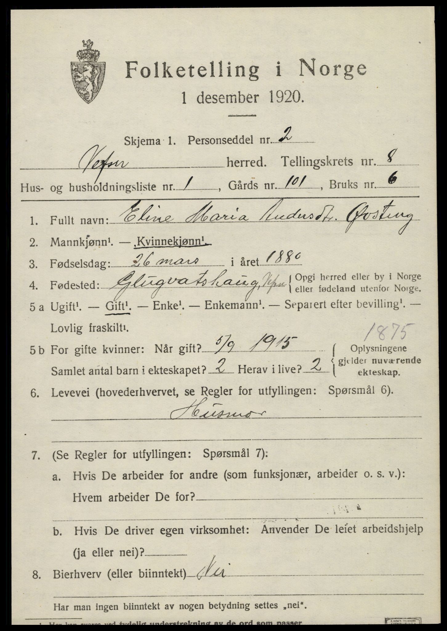 SAT, 1920 census for Vefsn, 1920, p. 5307