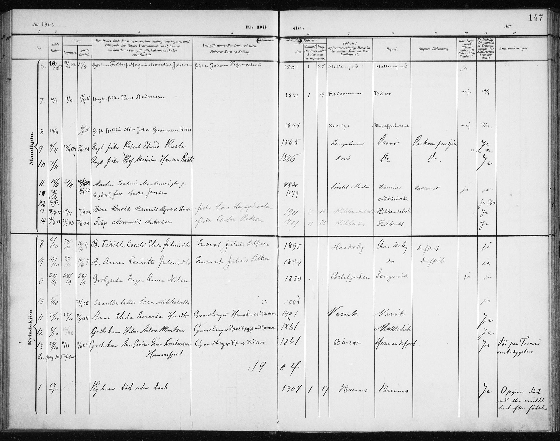 Karlsøy sokneprestembete, SATØ/S-1299/H/Ha/Haa/L0013kirke: Parish register (official) no. 13, 1902-1916, p. 147