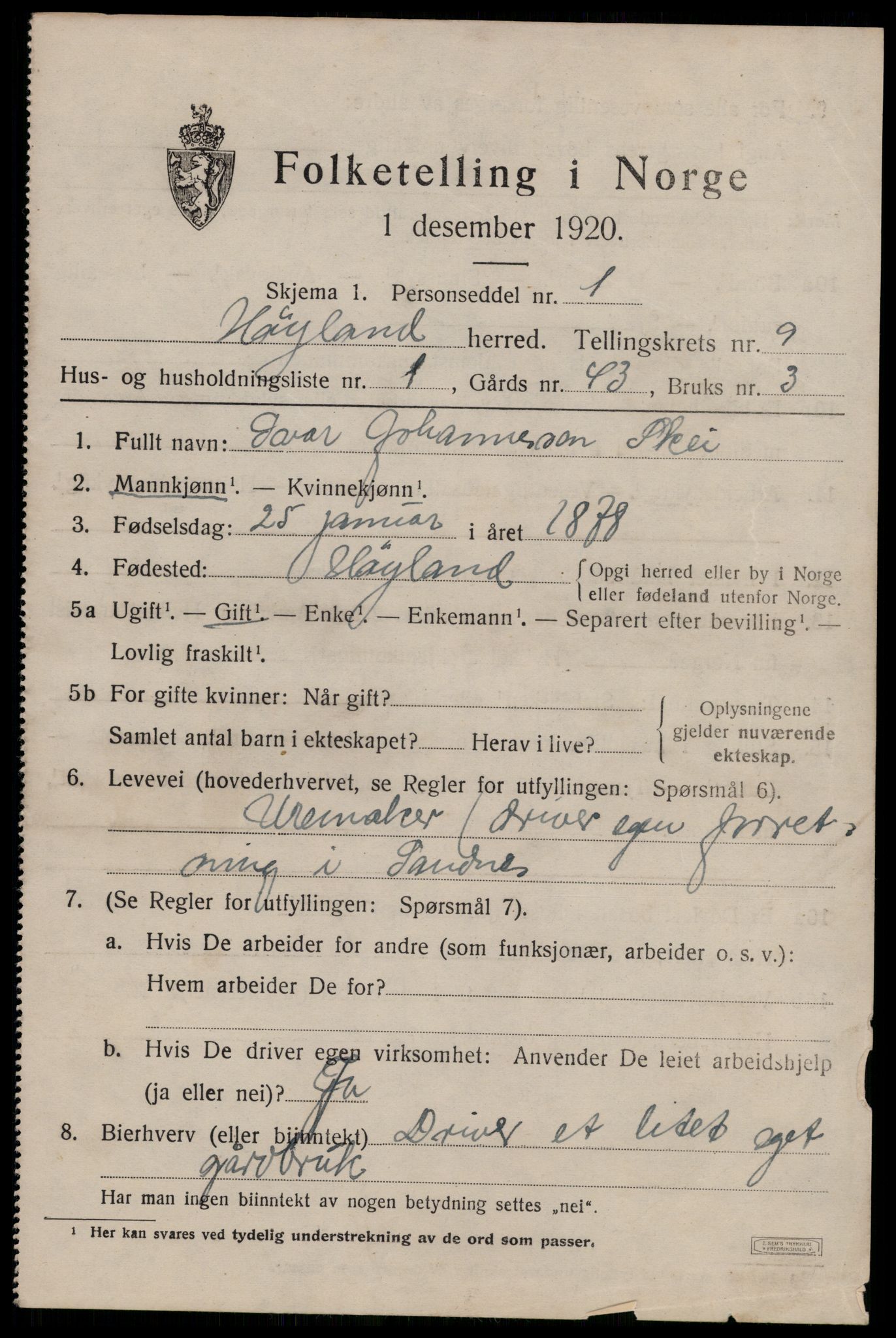 SAST, 1920 census for Høyland, 1920, p. 6060