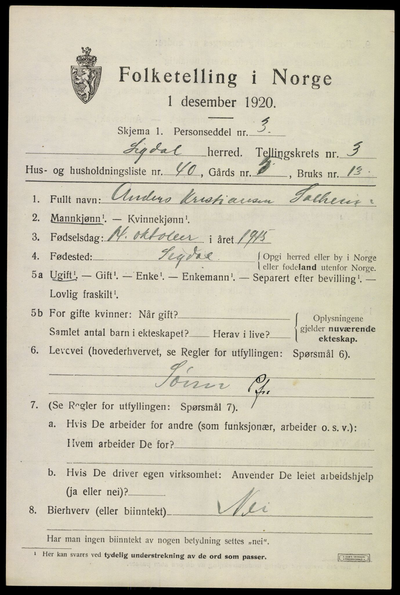 SAKO, 1920 census for Sigdal, 1920, p. 3148