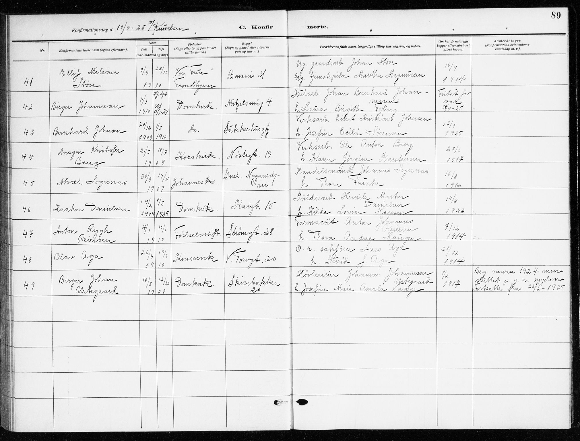 Domkirken sokneprestembete, AV/SAB-A-74801/H/Haa/L0032: Parish register (official) no. C 7, 1915-1930, p. 89