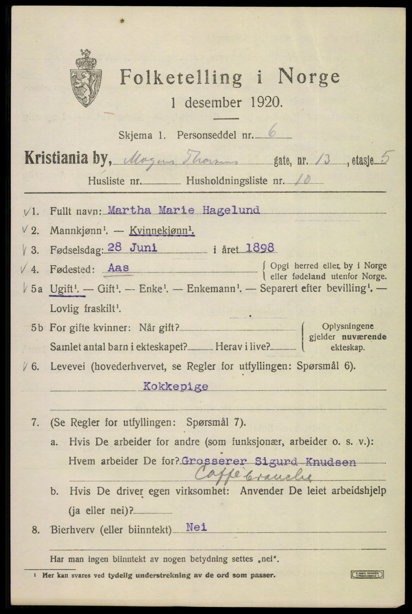 SAO, 1920 census for Kristiania, 1920, p. 396527