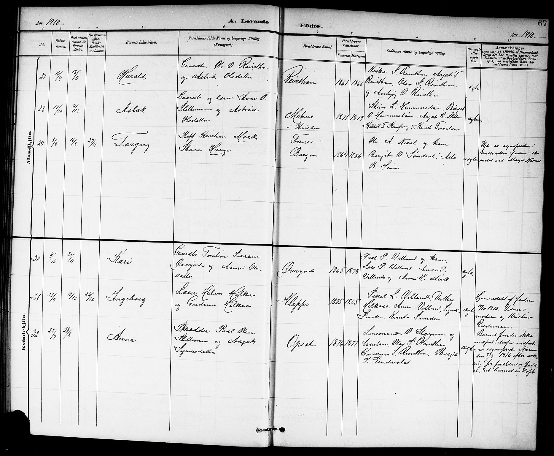 Hol kirkebøker, AV/SAKO-A-227/G/Ga/L0001: Parish register (copy) no. I 1, 1900-1919, p. 67