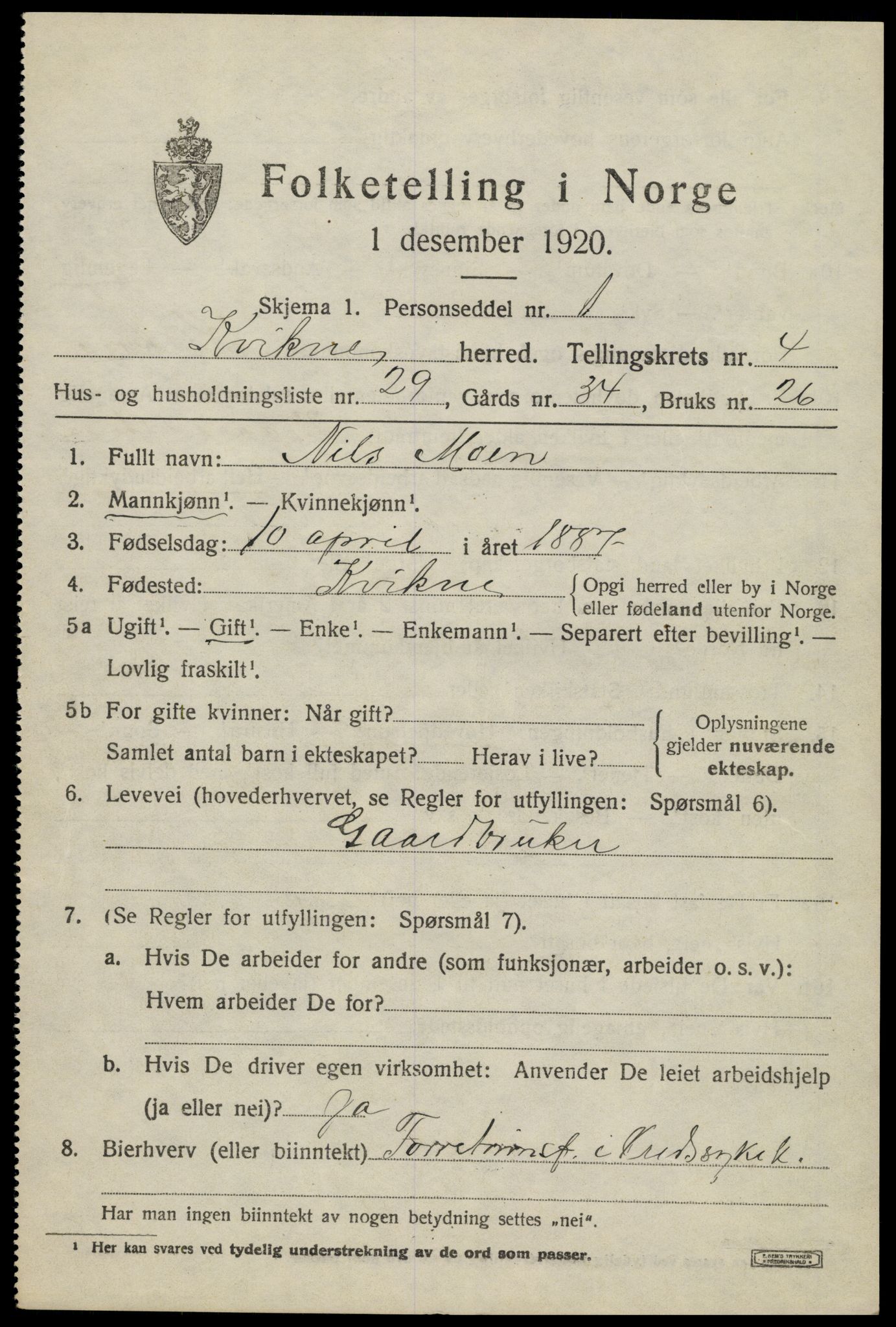 SAH, 1920 census for Kvikne, 1920, p. 1878