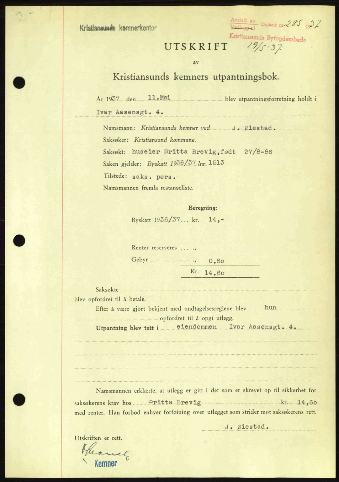 Kristiansund byfogd, AV/SAT-A-4587/A/27: Mortgage book no. 29, 1936-1937, Diary no: : 285/1937