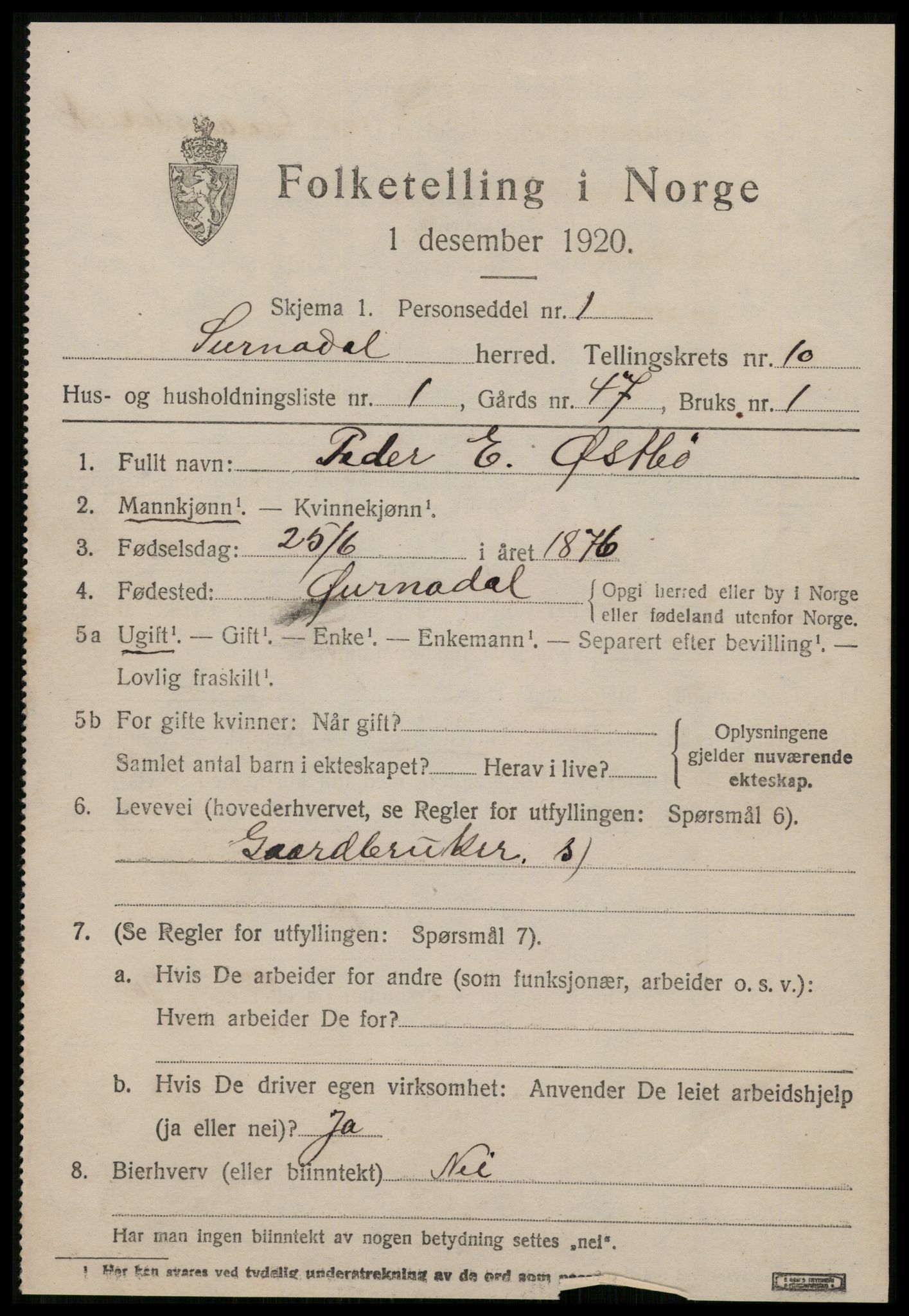 SAT, 1920 census for Surnadal, 1920, p. 6673