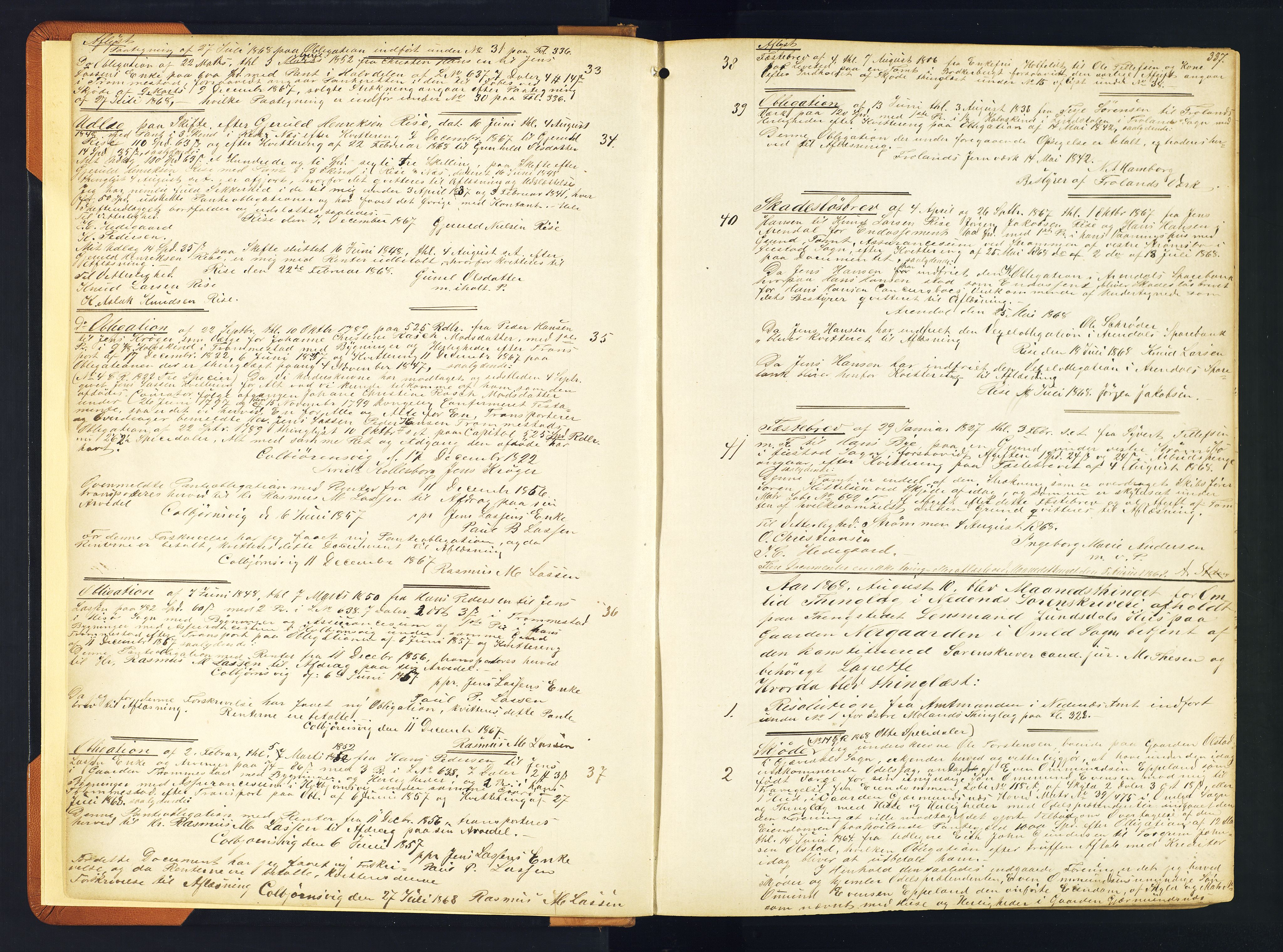 Nedenes sorenskriveri, AV/SAK-1221-0006/G/Gb/Gba/L0007: Mortgage book no. 5b, 1868-1870, p. 337