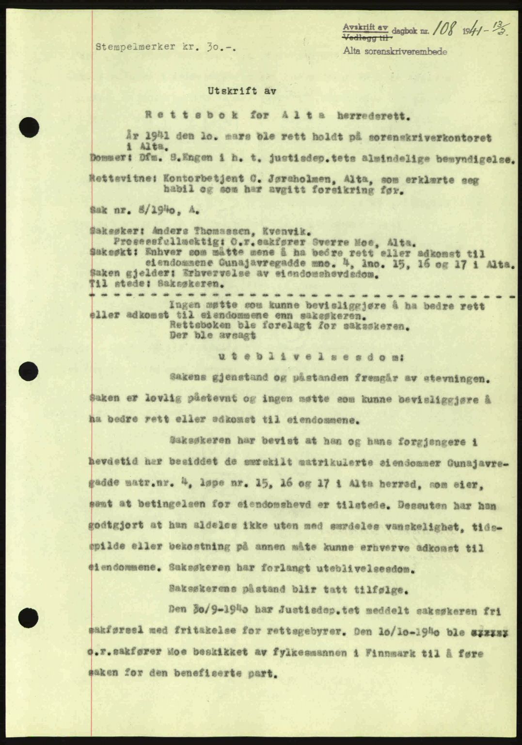 Alta fogderi/sorenskriveri, SATØ/SATØ-5/1/K/Kd/L0033pantebok: Mortgage book no. 33, 1940-1943, Diary no: : 108/1941