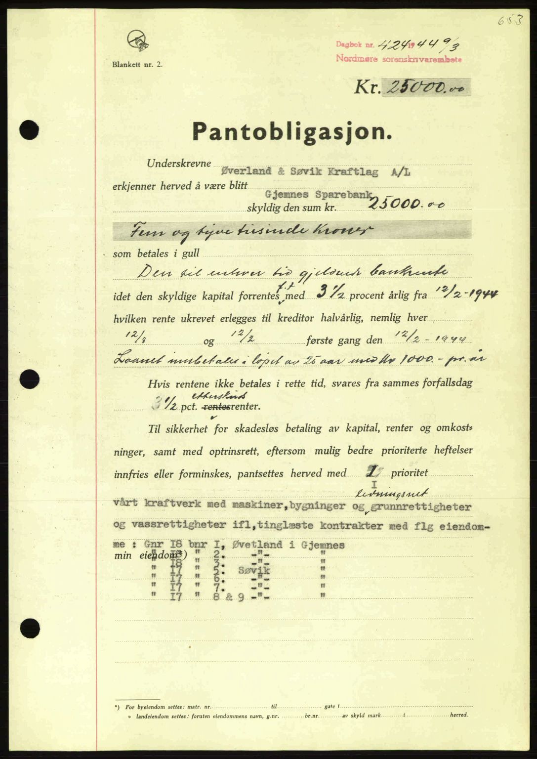 Nordmøre sorenskriveri, AV/SAT-A-4132/1/2/2Ca: Mortgage book no. B91, 1943-1944, Diary no: : 424/1944