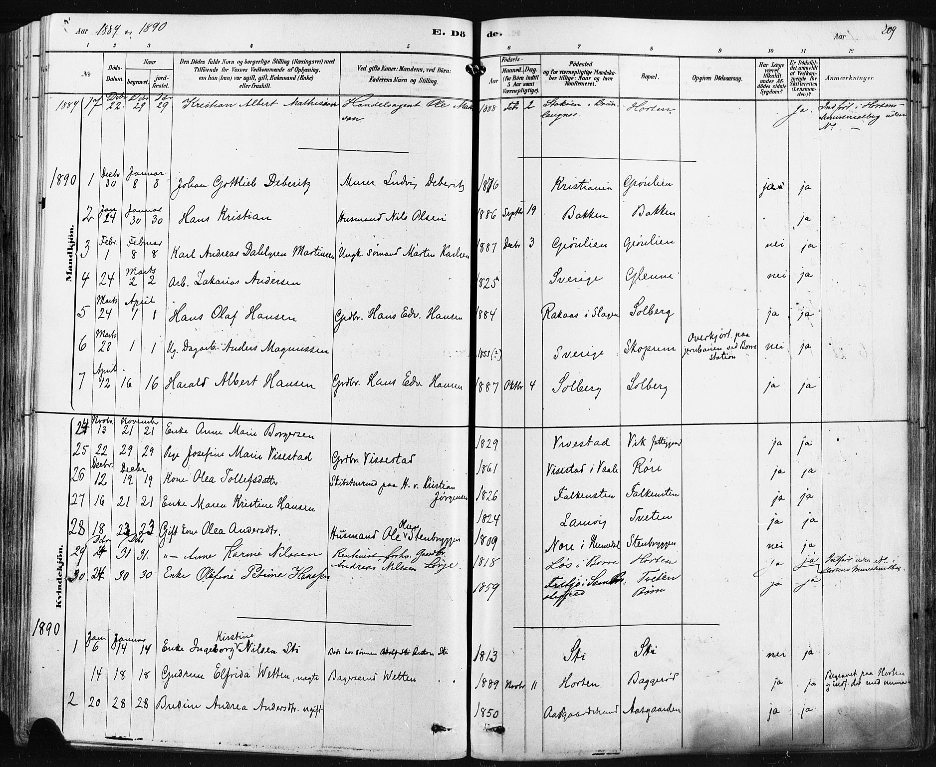Borre kirkebøker, SAKO/A-338/F/Fa/L0009: Parish register (official) no. I 9, 1878-1896, p. 209