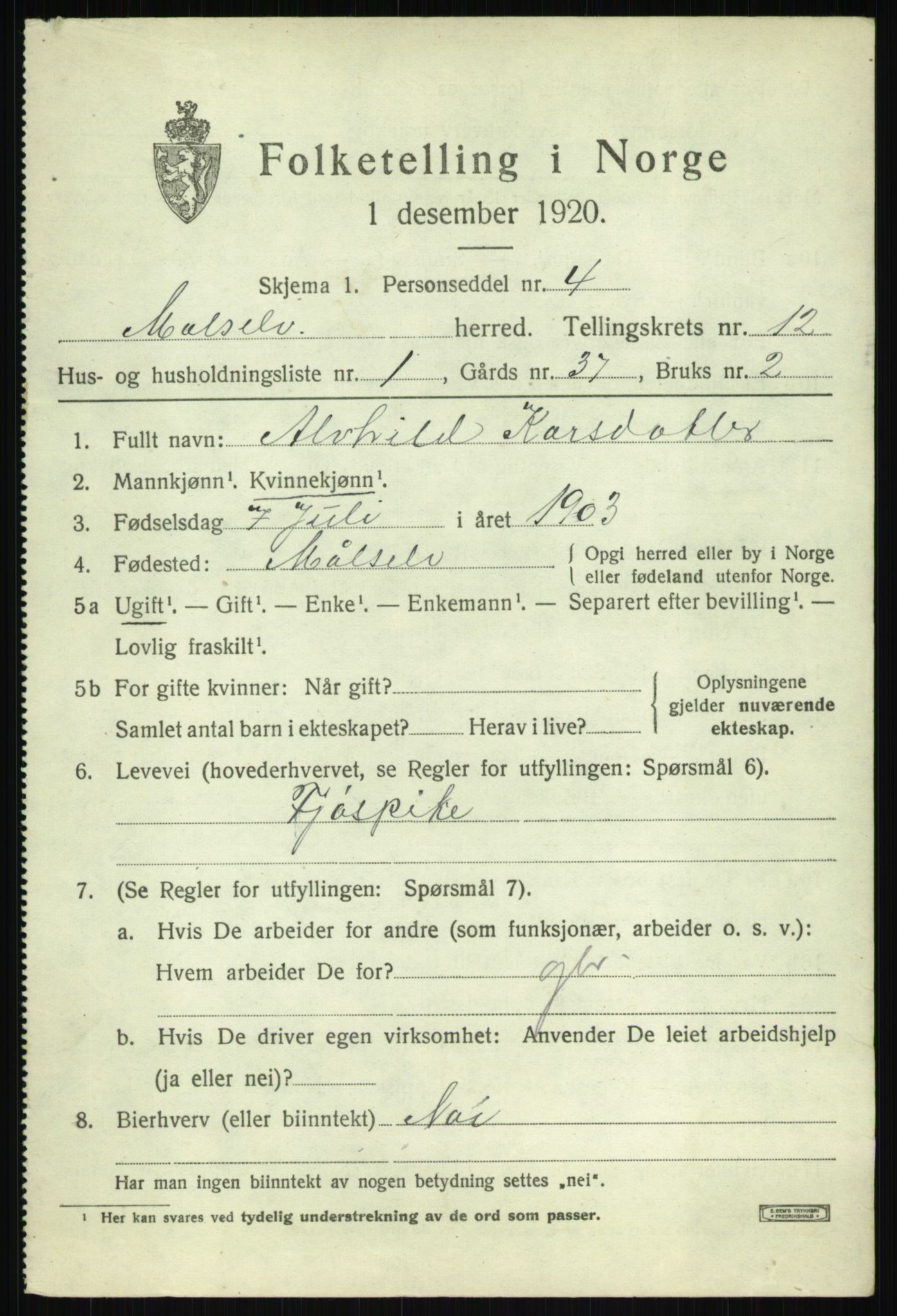 SATØ, 1920 census for Målselv, 1920, p. 6435