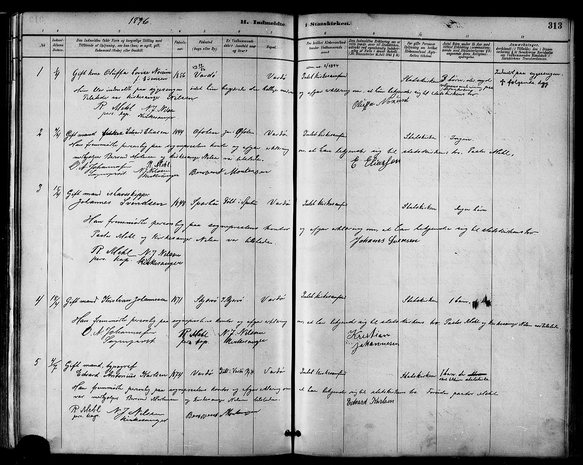 Vardø sokneprestkontor, SATØ/S-1332/H/Ha/L0007kirke: Parish register (official) no. 7, 1886-1897, p. 313