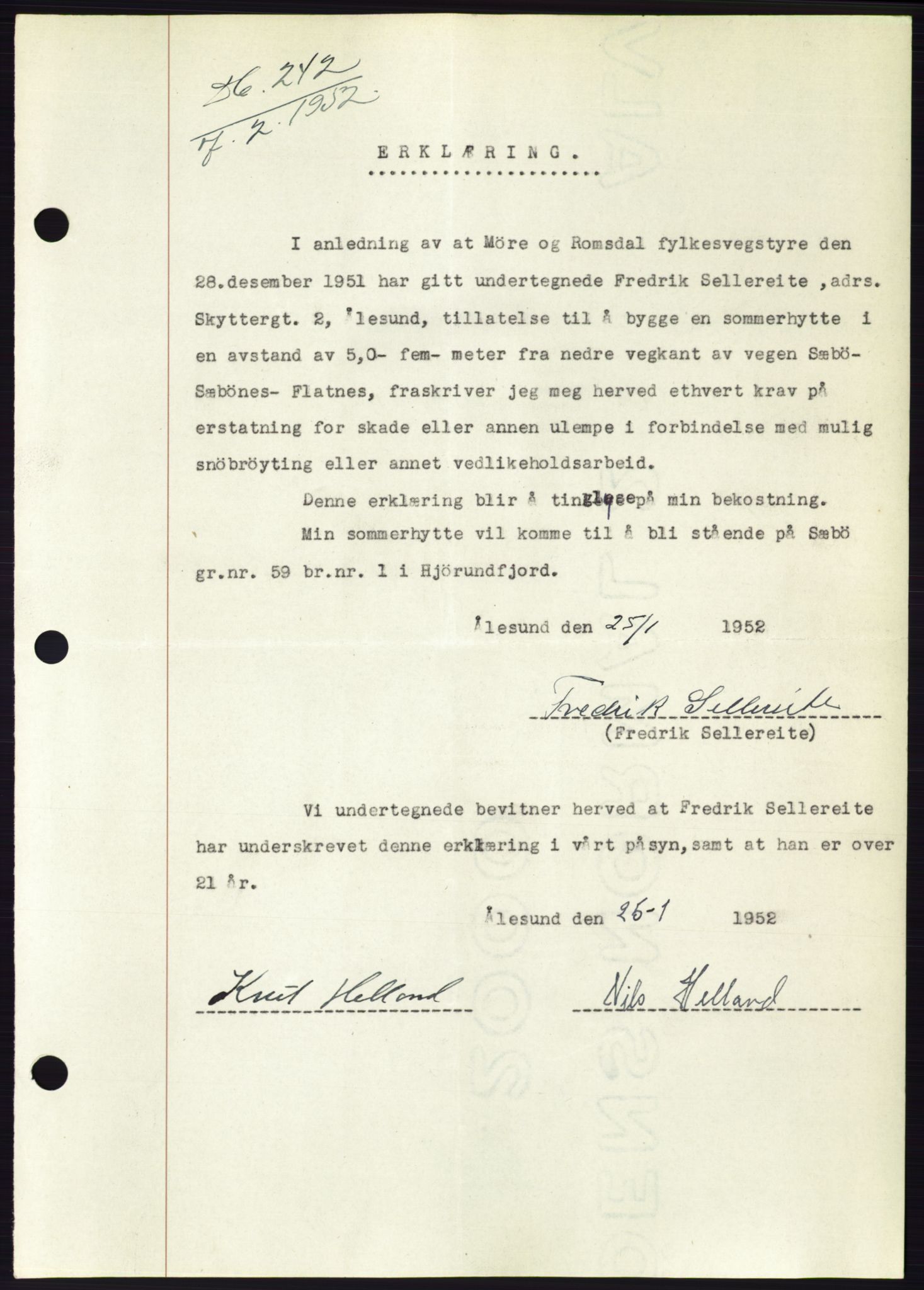 Søre Sunnmøre sorenskriveri, AV/SAT-A-4122/1/2/2C/L0121: Mortgage book no. 9B, 1951-1952, Diary no: : 242/1952