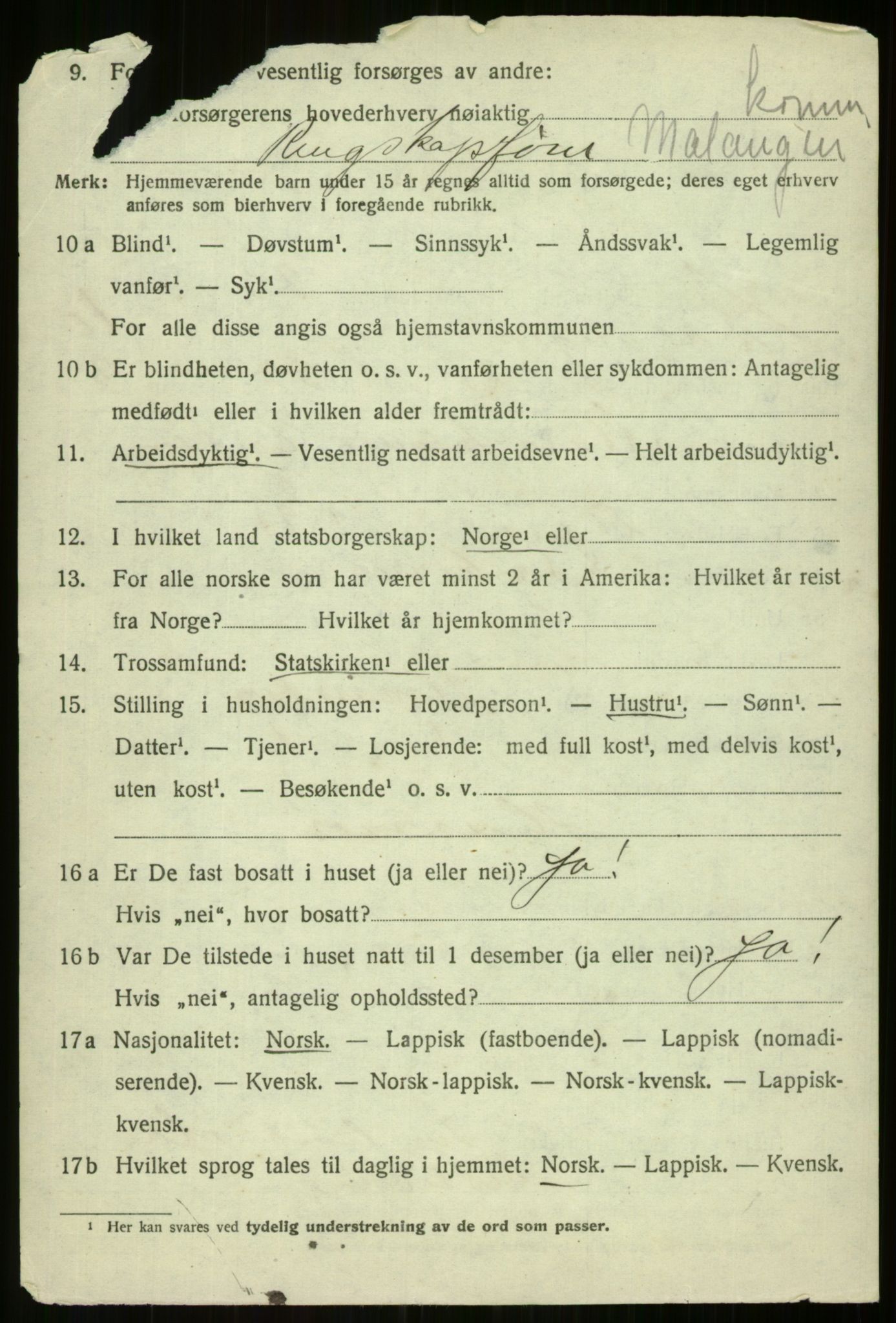 SATØ, 1920 census for Malangen, 1920, p. 4124