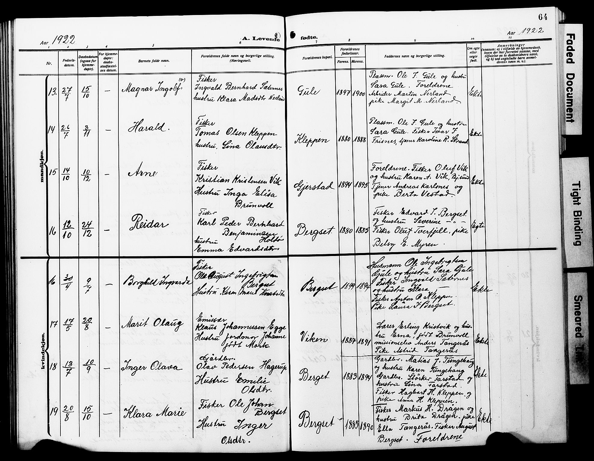 Ministerialprotokoller, klokkerbøker og fødselsregistre - Møre og Romsdal, SAT/A-1454/566/L0774: Parish register (copy) no. 566C03, 1910-1929, p. 64