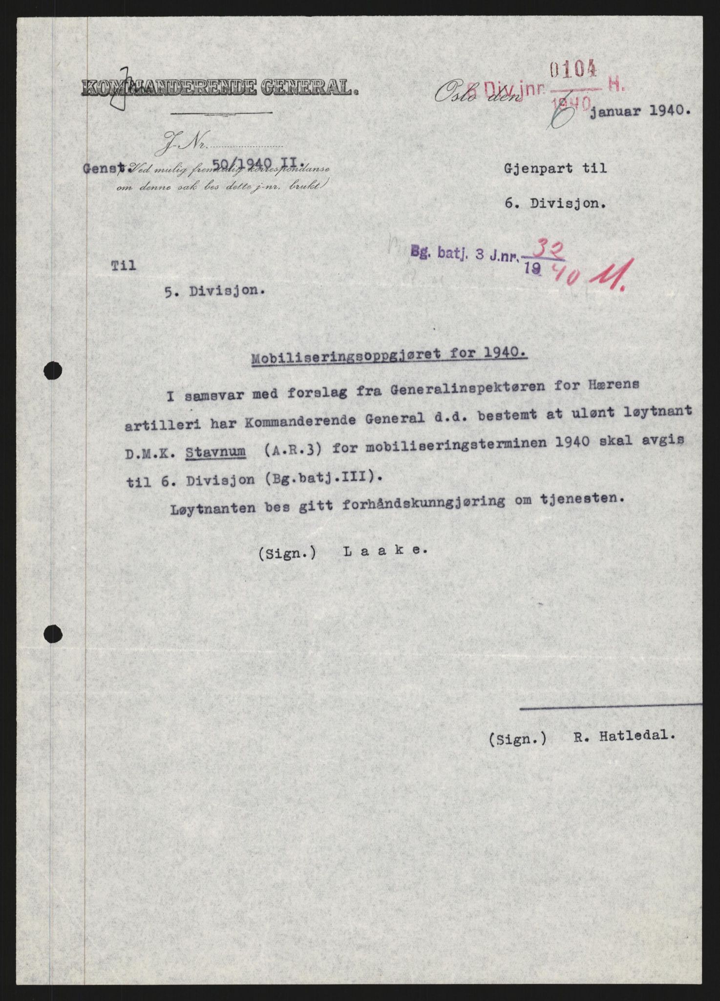 Forsvaret, Forsvarets krigshistoriske avdeling, RA/RAFA-2017/Y/Yb/L0152: II-C-11-650  -  6. Divisjon: Bergartilleribataljon nr. 3:  Nøytralitetsvakten , 1939-1940, p. 104