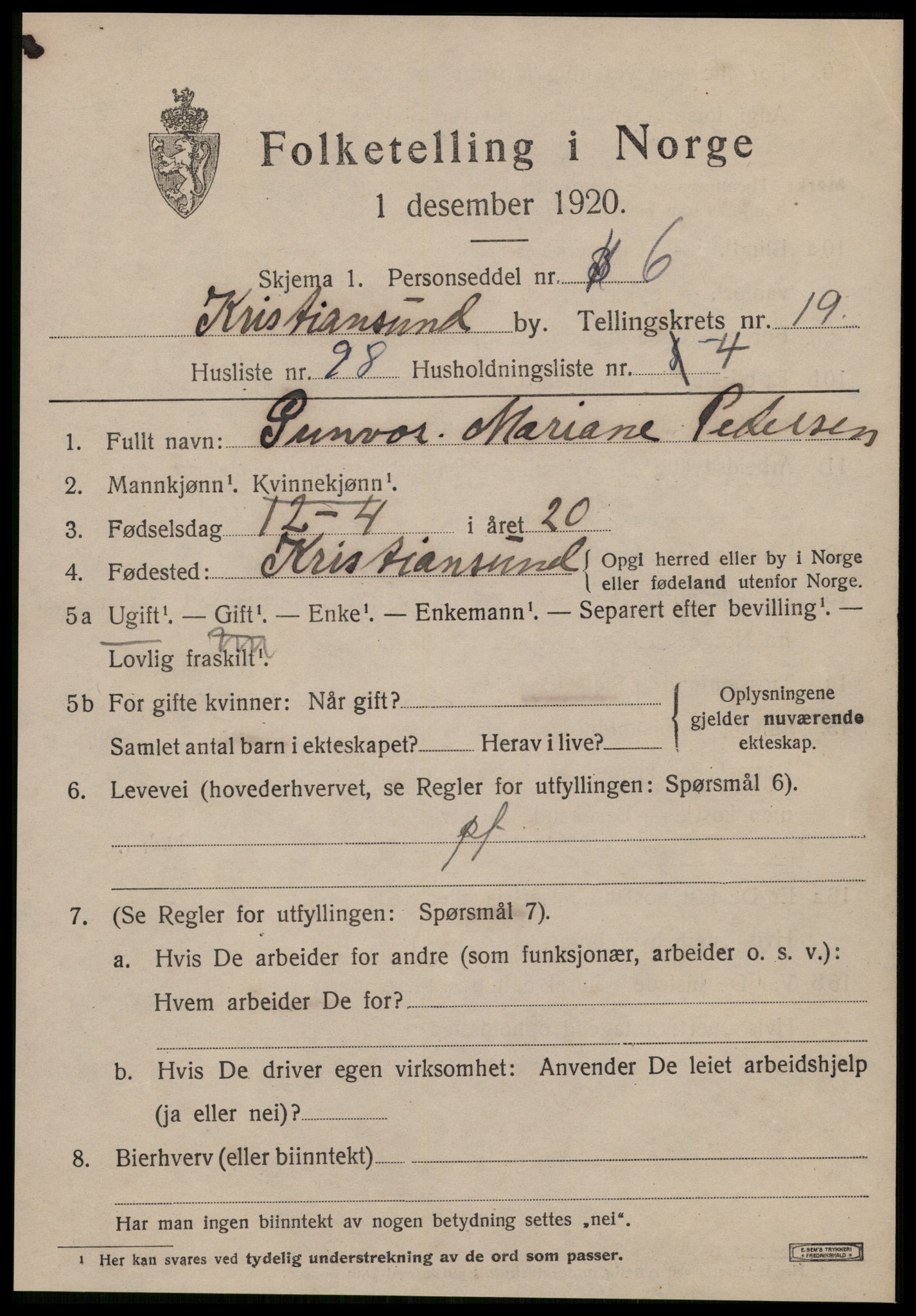 SAT, 1920 census for Kristiansund, 1920, p. 40479