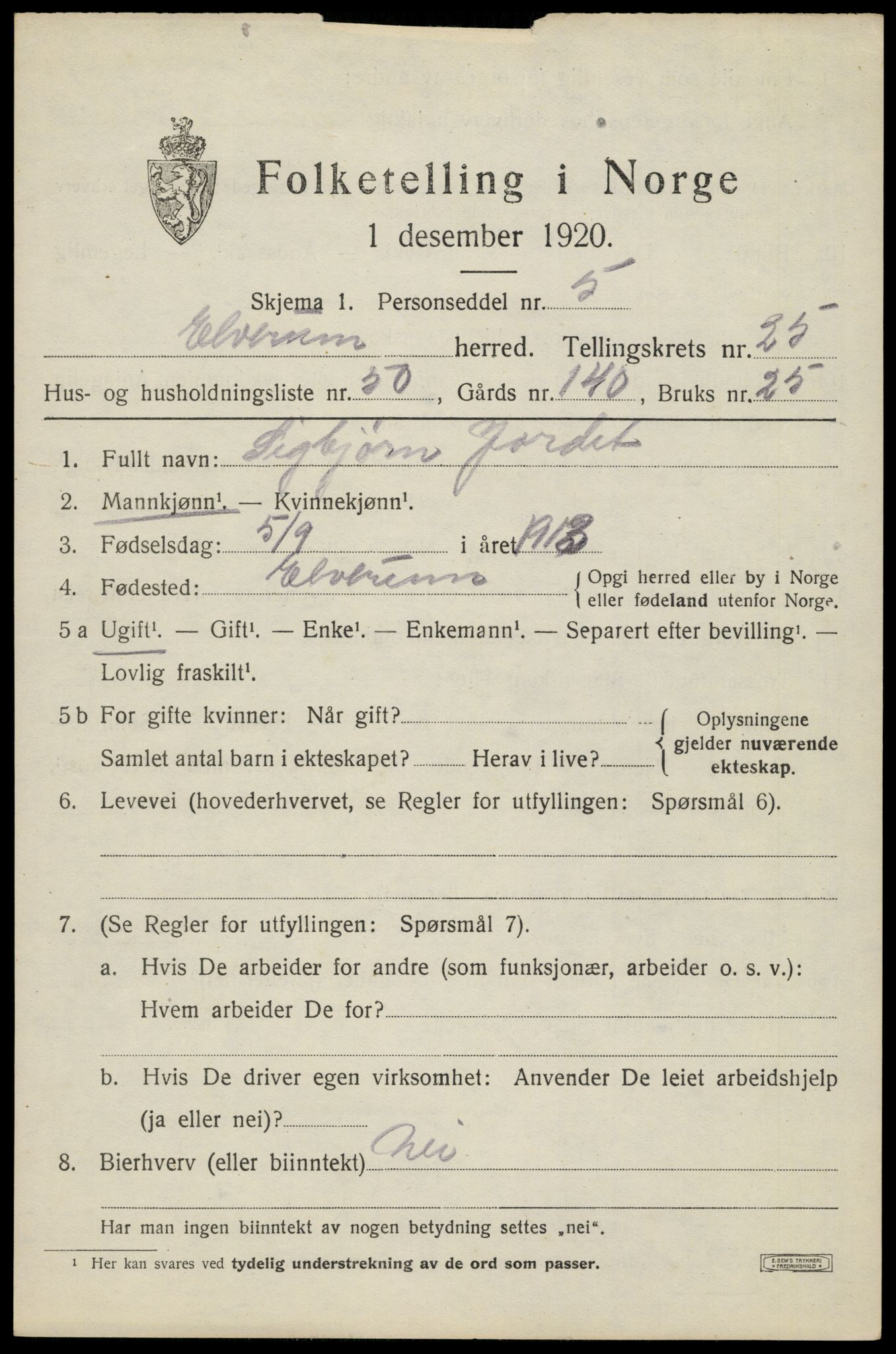 SAH, 1920 census for Elverum, 1920, p. 26830