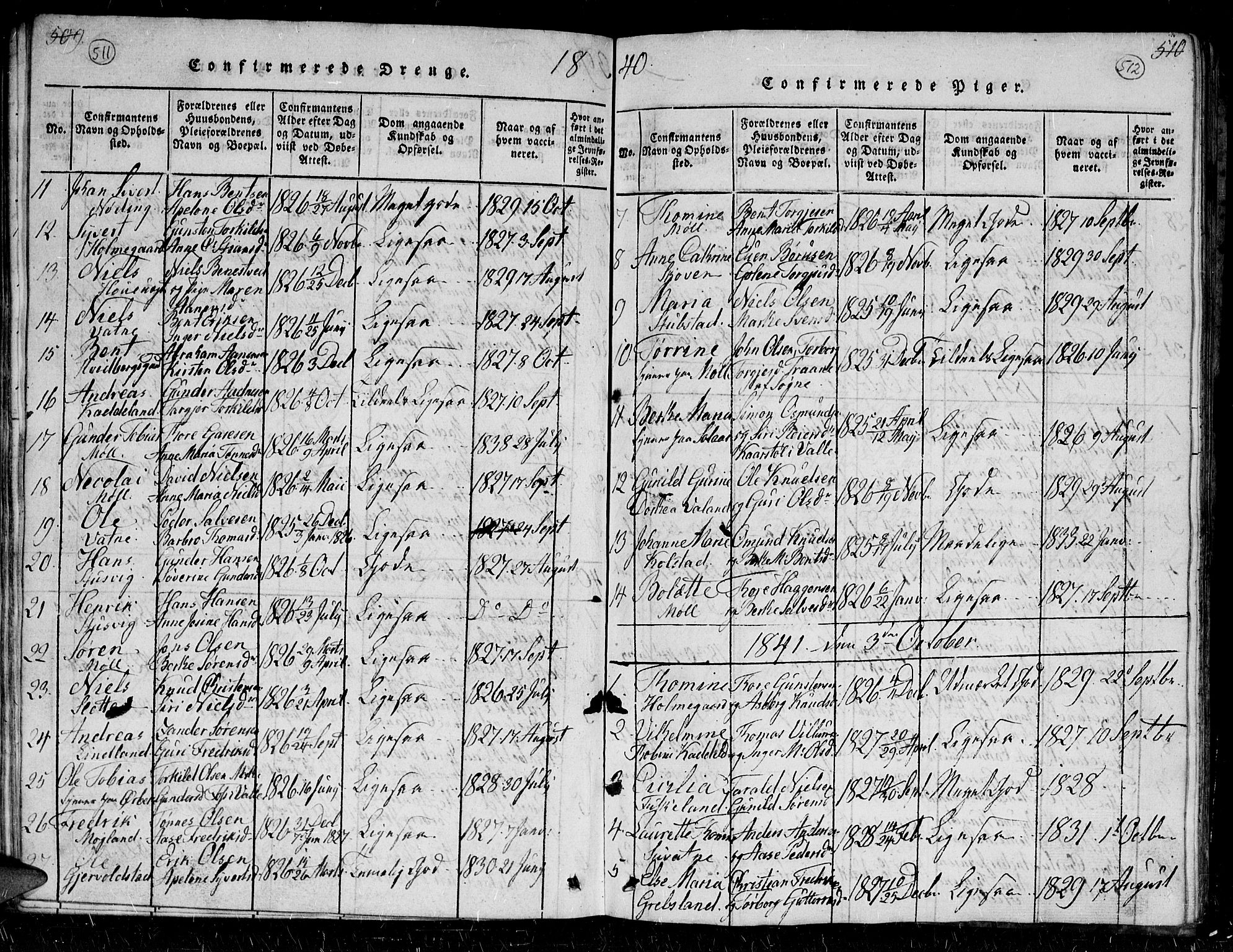 Holum sokneprestkontor, AV/SAK-1111-0022/F/Fb/Fba/L0002: Parish register (copy) no. B 2, 1820-1849, p. 511-512